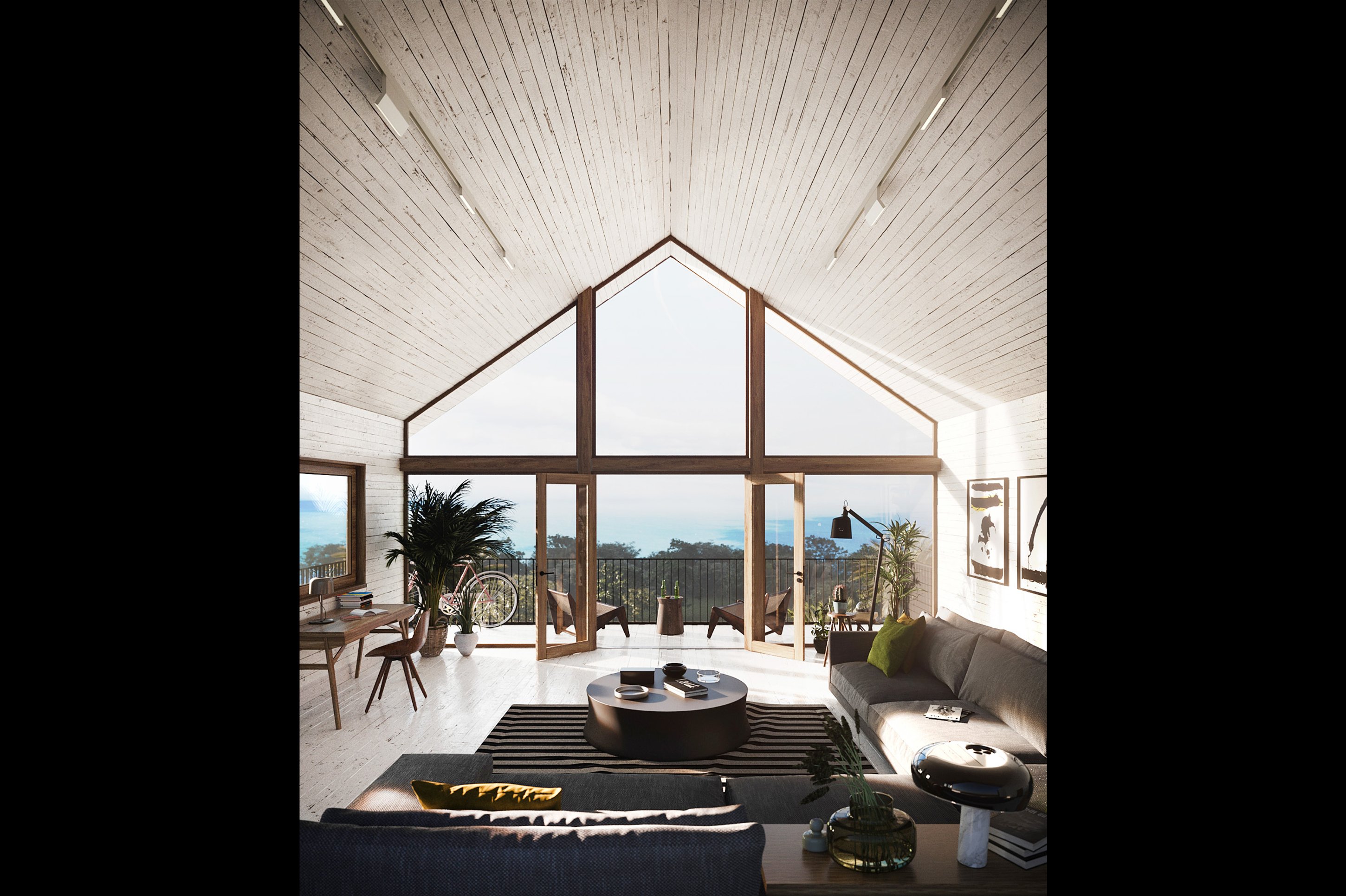 Double-height living room under a timber gable at Pendine Manor