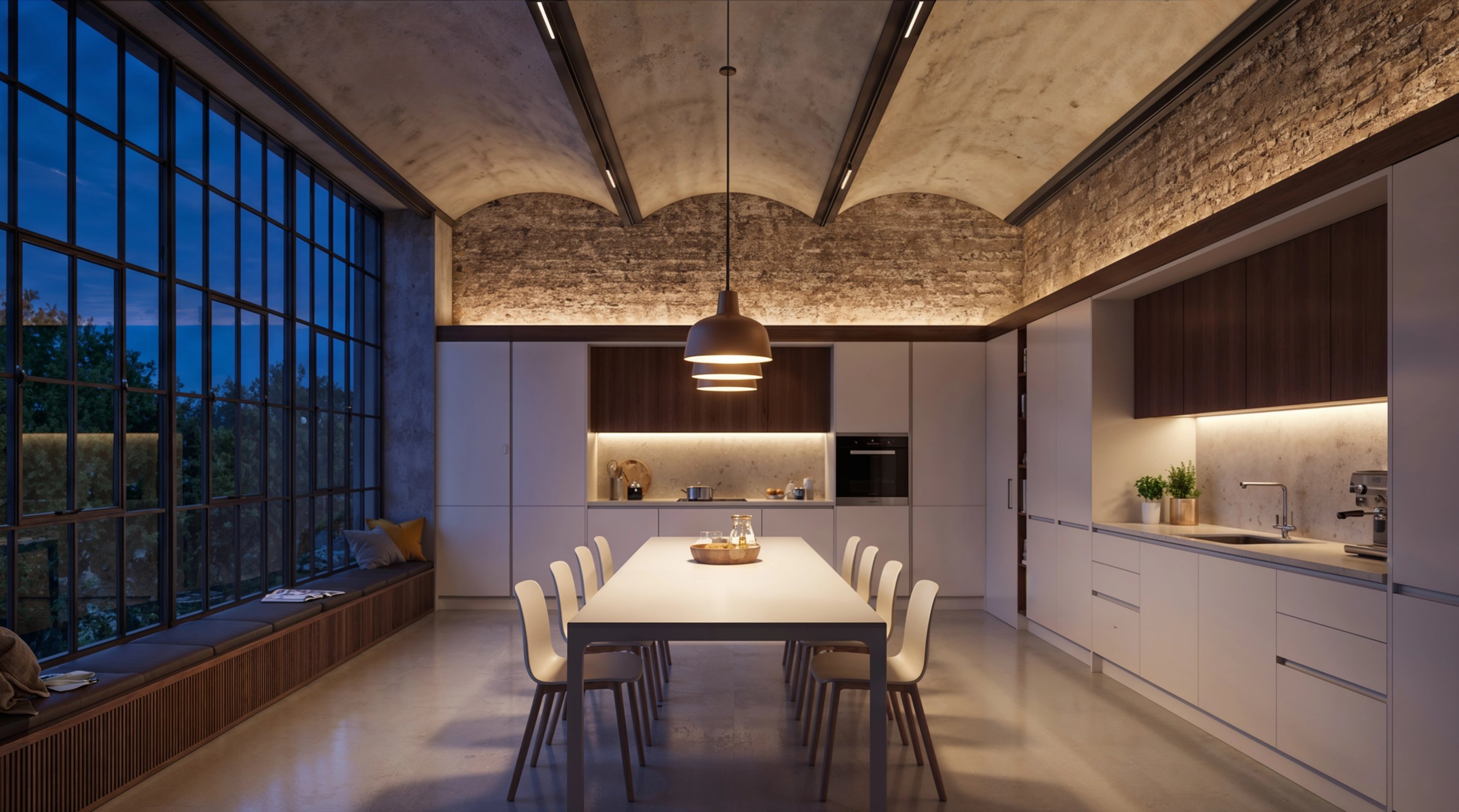 Contemporary office kitchen and communal dining space at night, framed by large industrial windows.