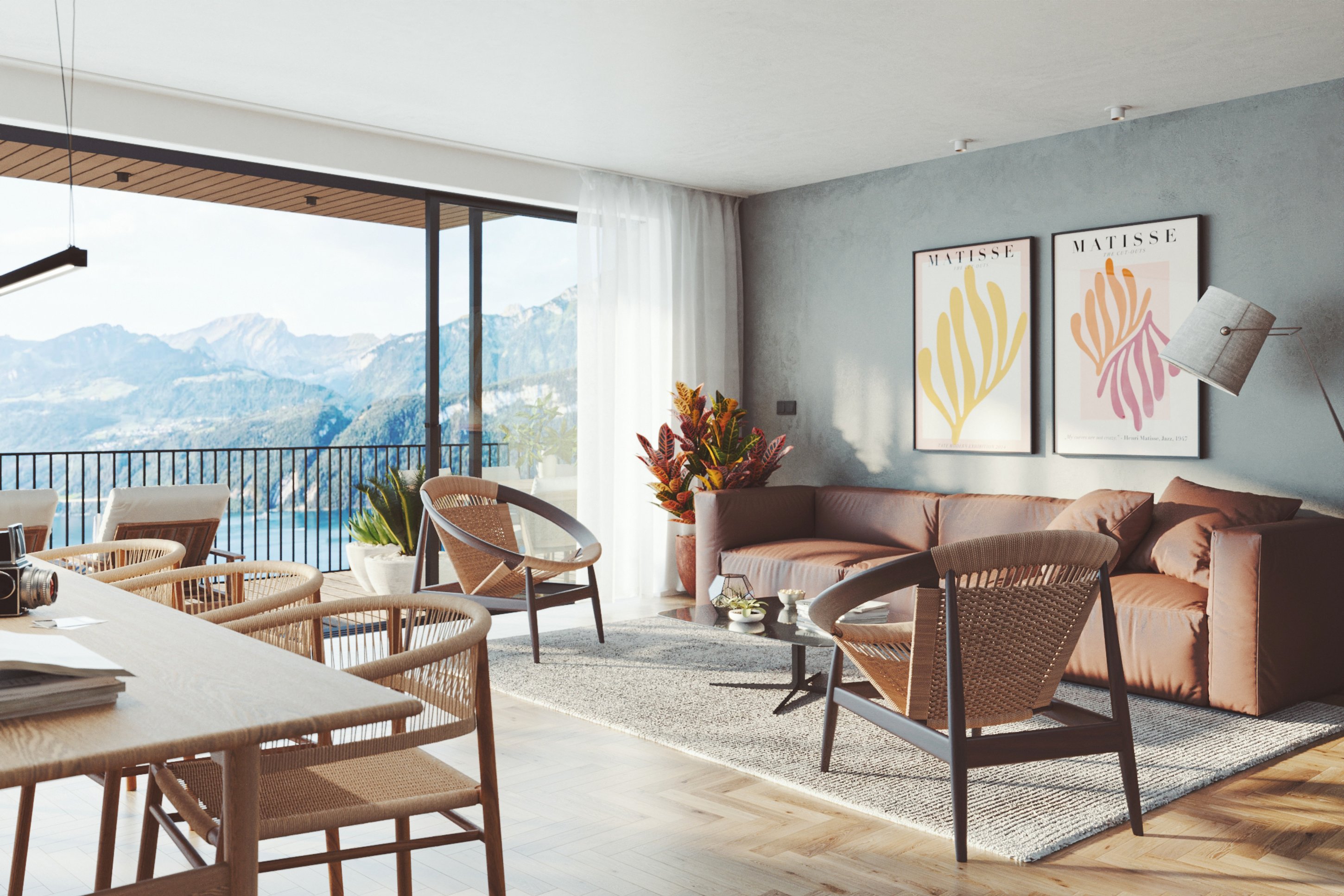 Living and dining room at Gersau House with lake views through sliding glass