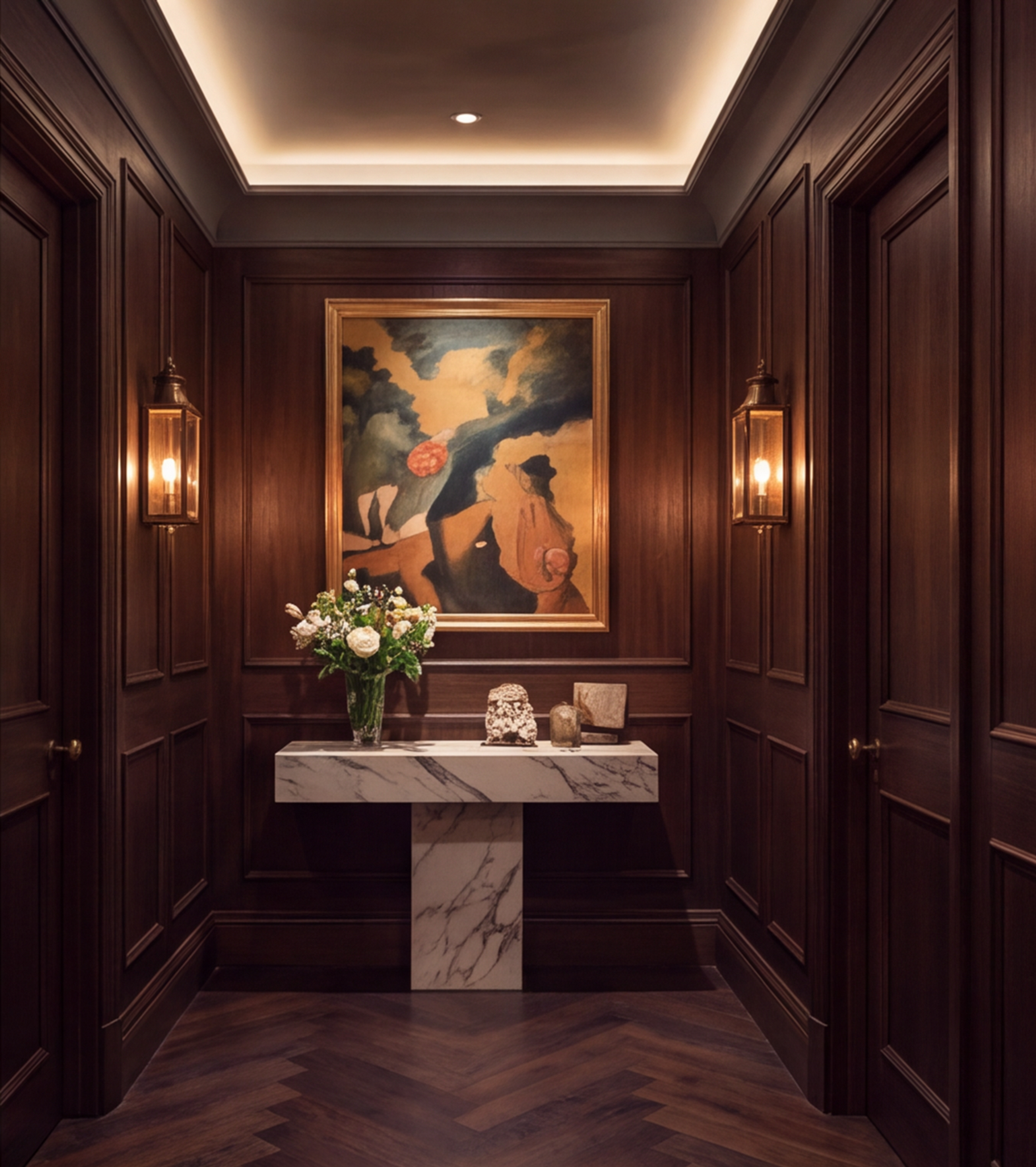 Vestibule with a flower arrangement on a stone console at La Scene