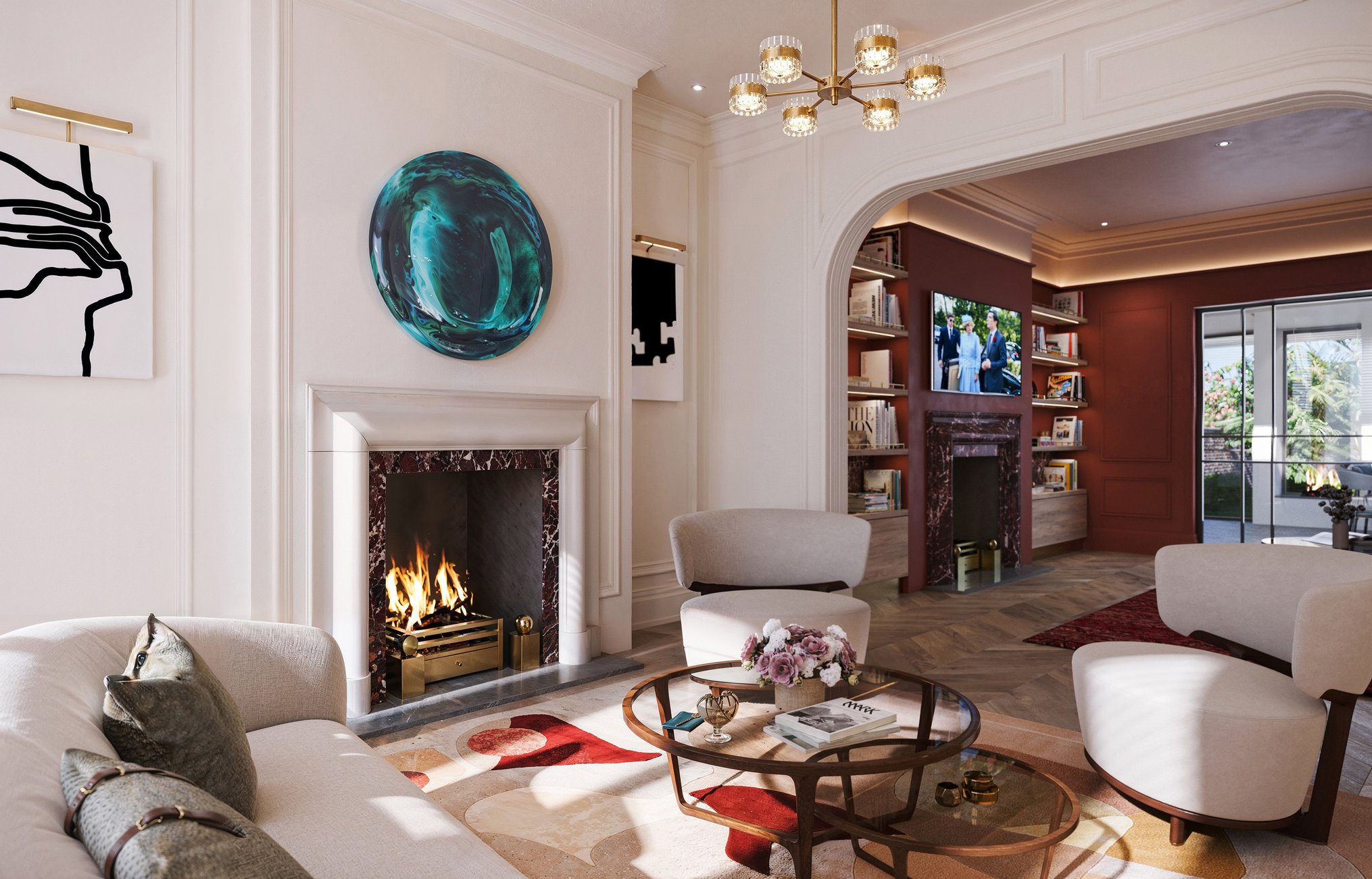 Still from the Versace House film: a living room with a marble fireplace and glass artwork. London, U.K., Rosendale Design