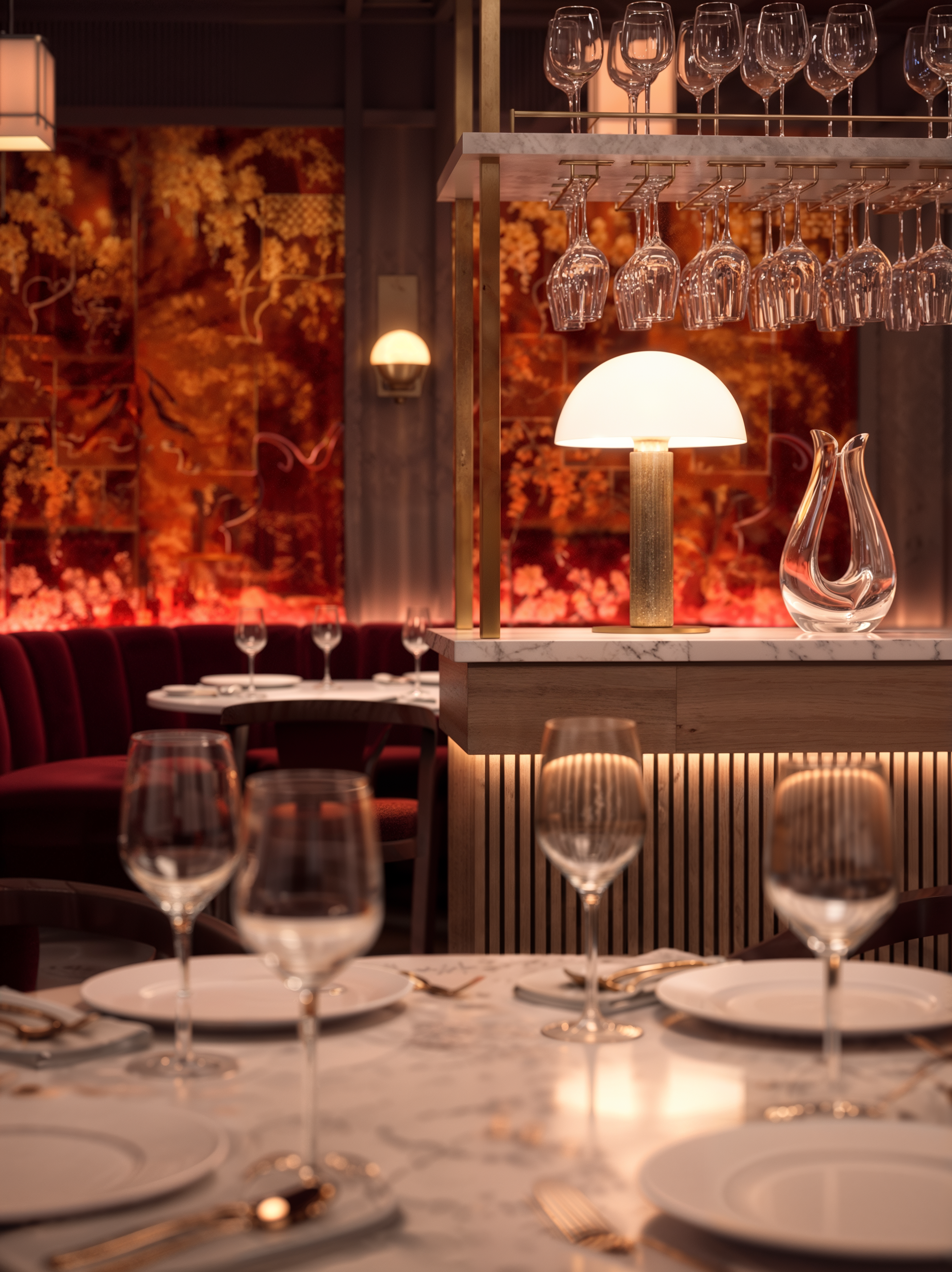 Aragawa London restaurant table setting with warm ambient lighting.