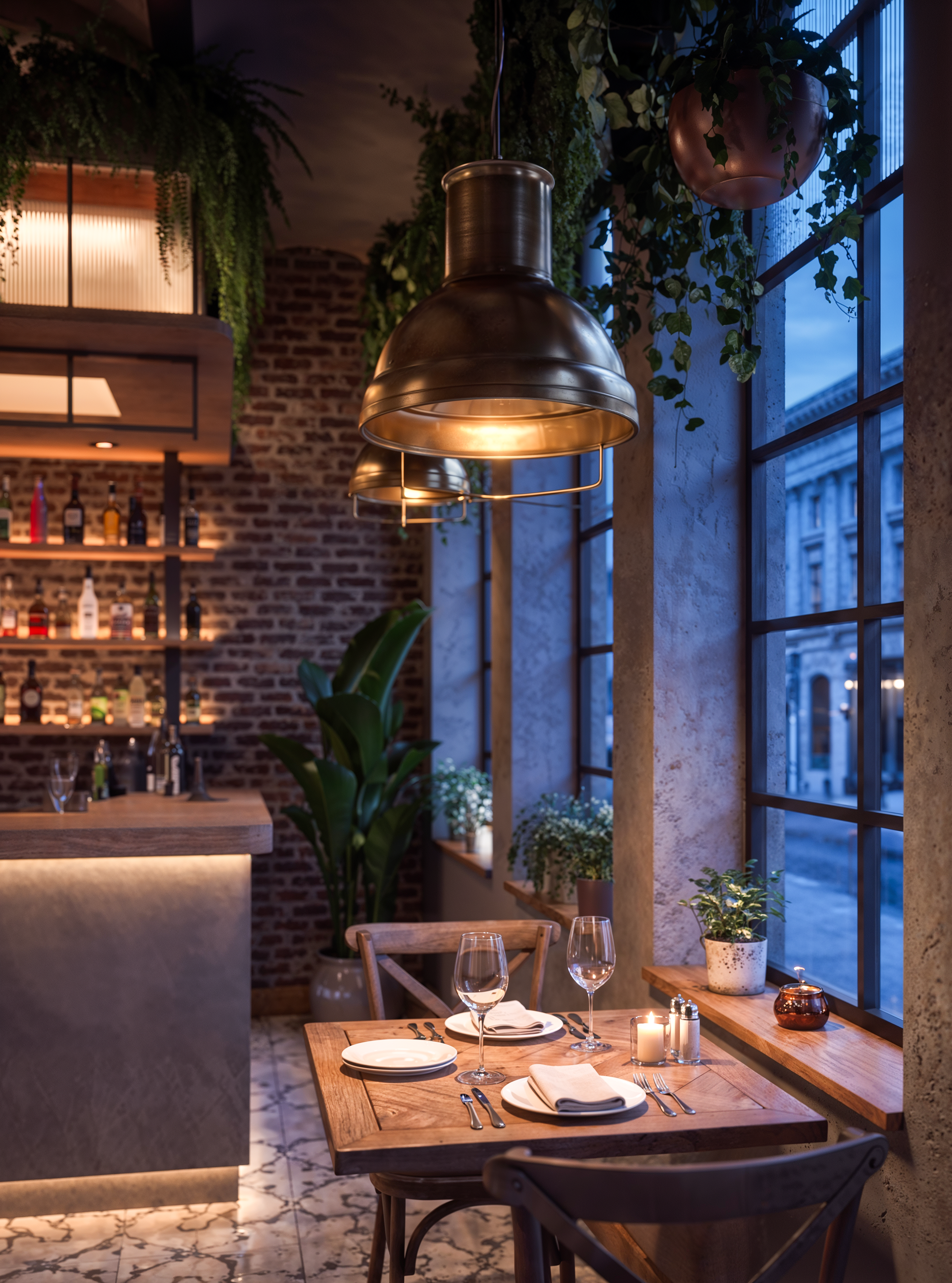 Brick-walled dining nook beside a tall window, oversized brass pendant lamp and a backlit bar with greenery.