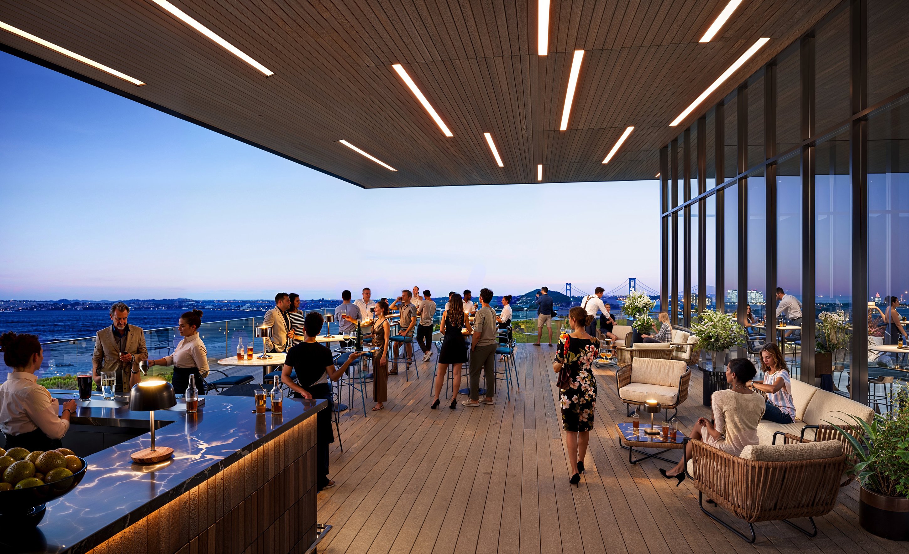 Rooftop terrace at RWU with students gathered at sunset. New York, U.S.A., Architectura