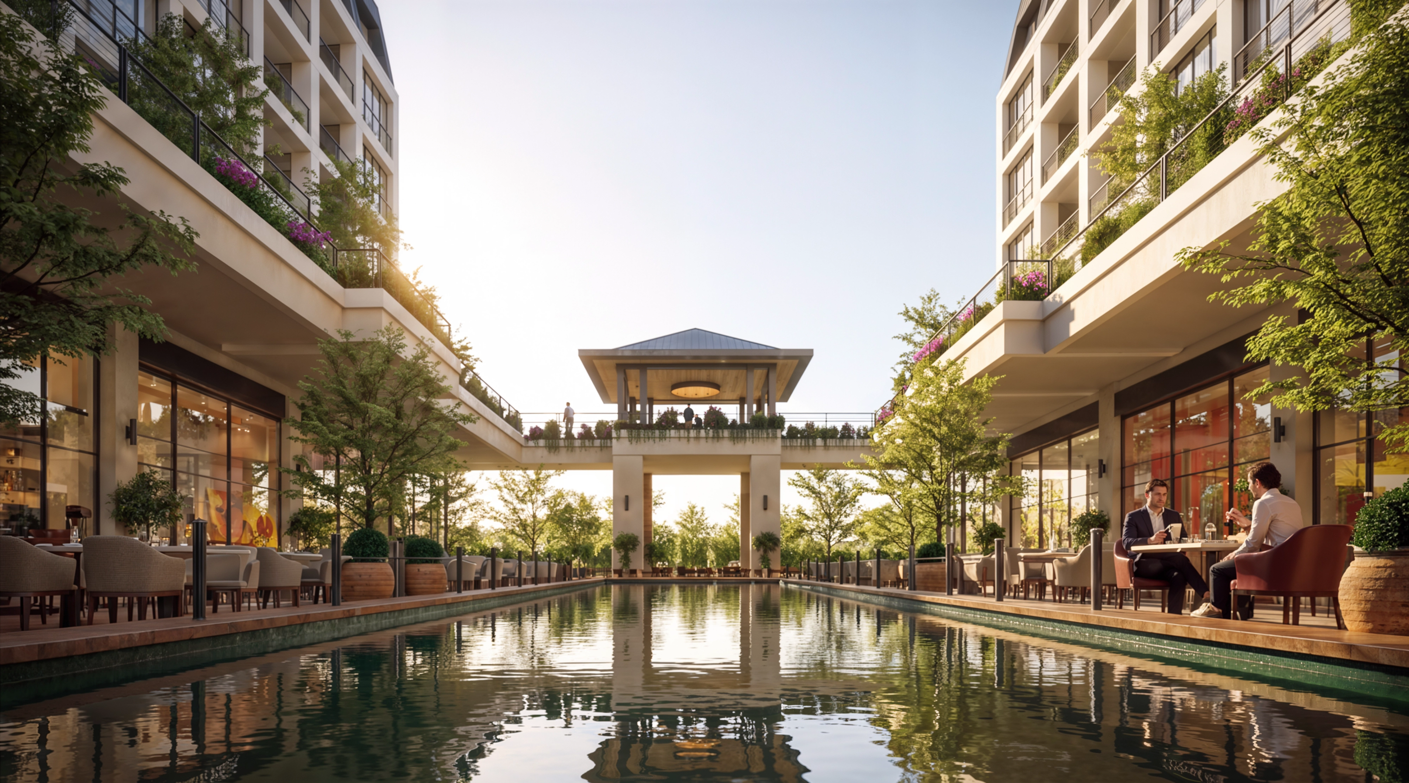 Reflecting pool and shaded pavilion at the centre of the Baynet scheme