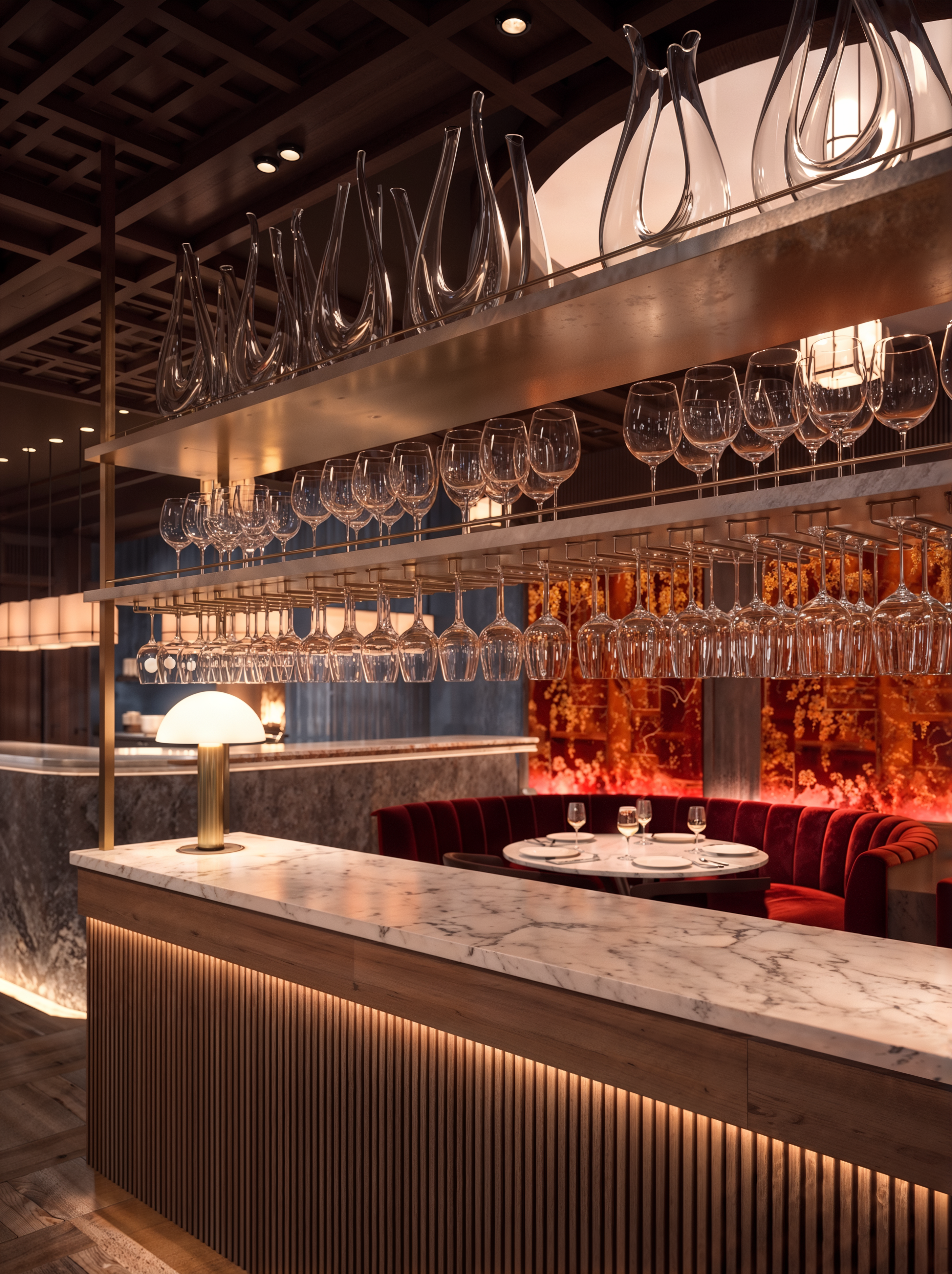 Aragawa London restaurant interior with marble bar and suspended glassware.