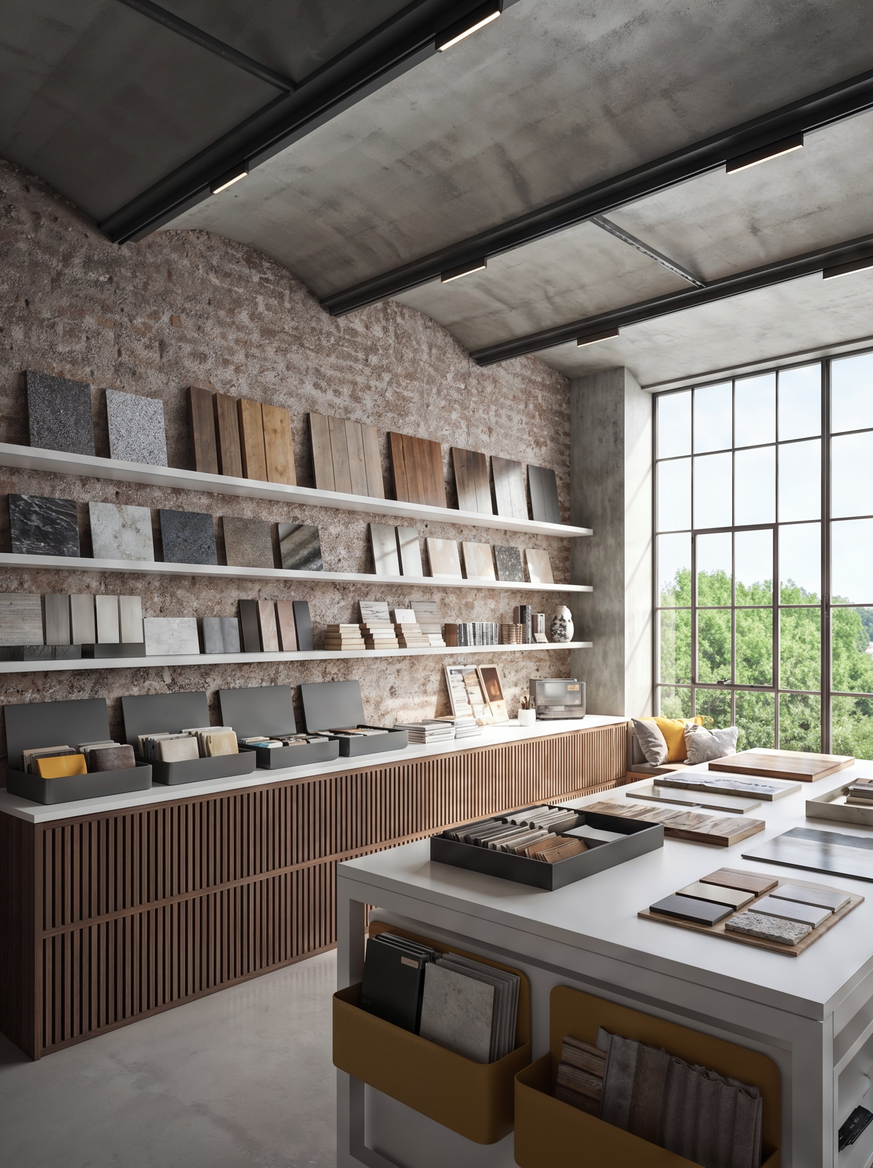Materials library and model-making workspace inside a contemporary London architectural practice.
