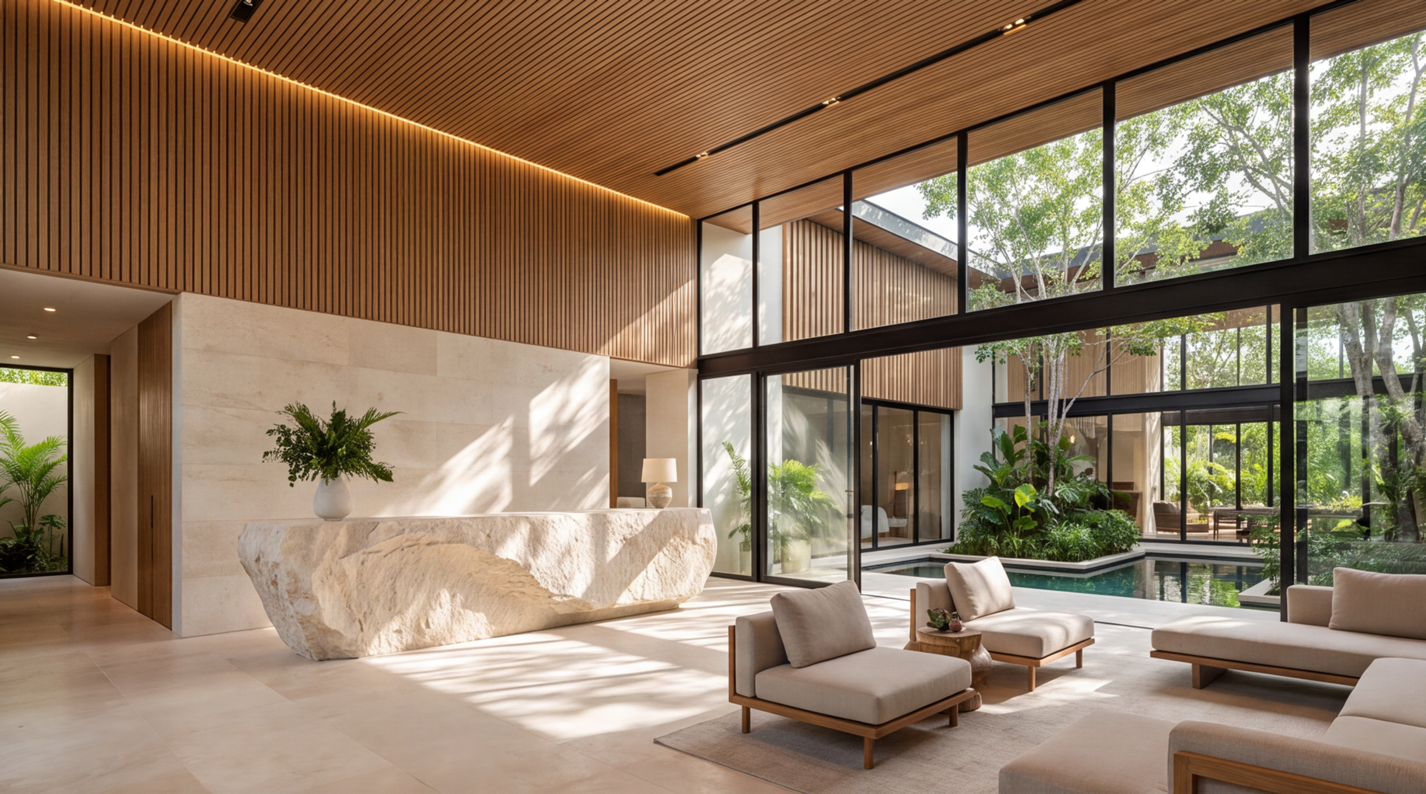 Double-height living pavilion opening to the pool at Ceiba Resort