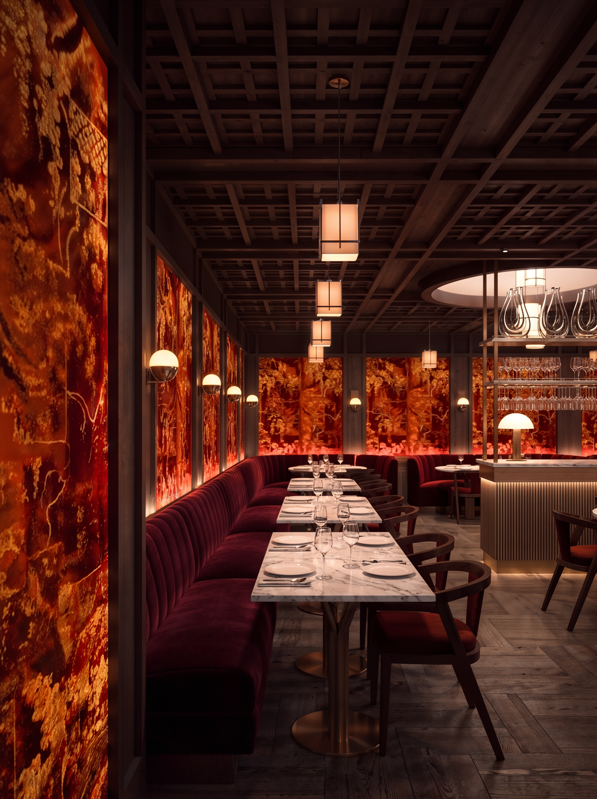 Aragawa London restaurant dining area with red banquette seating and botanical panels.