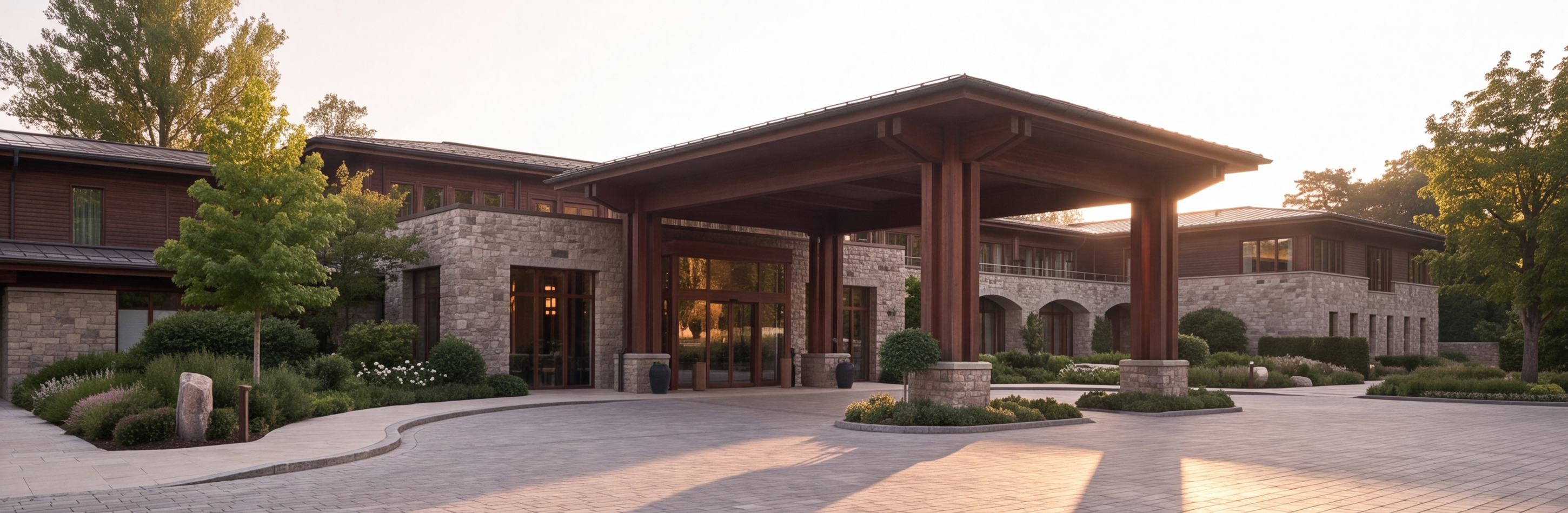 Timber colonnade and forecourt at Koru Retreat