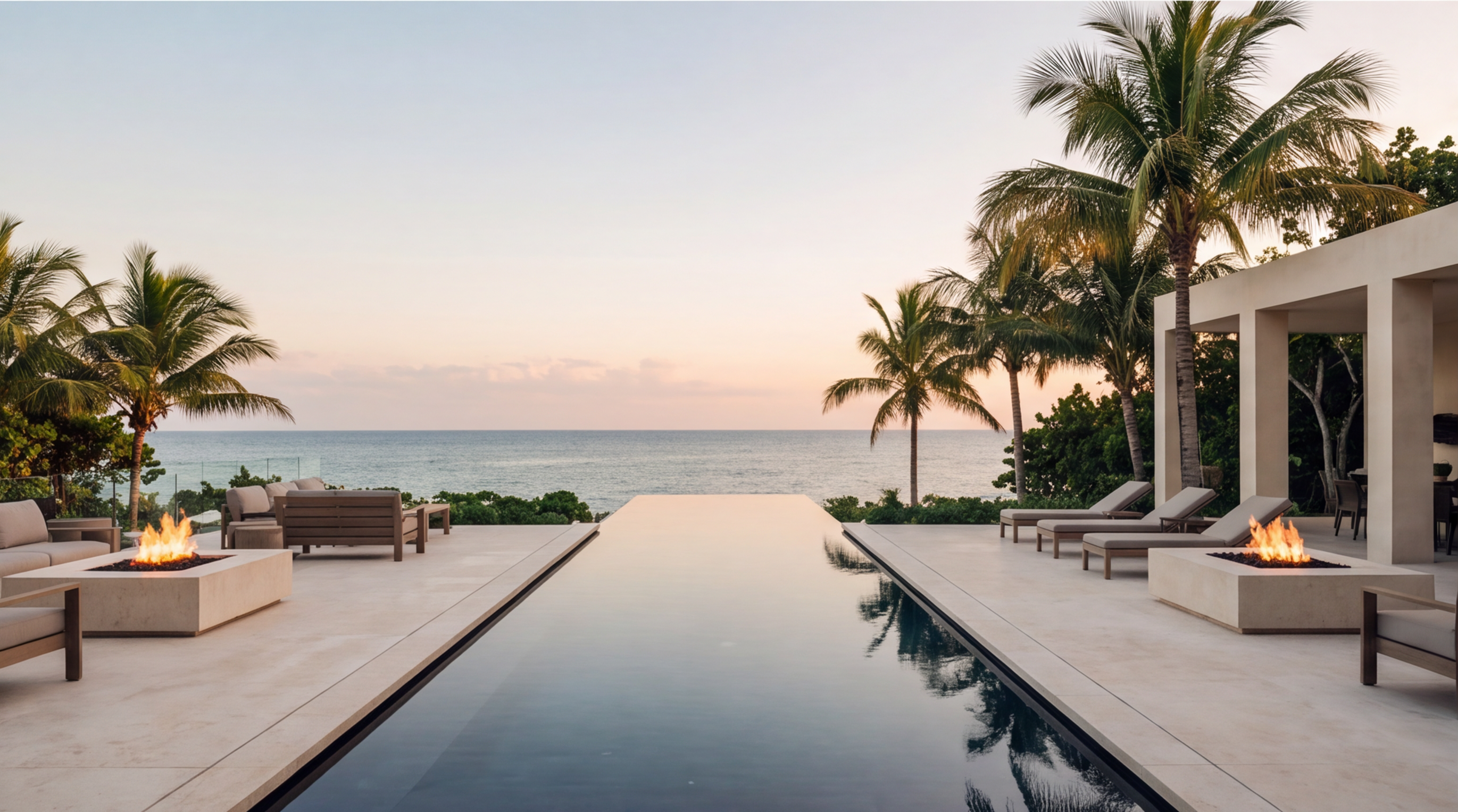 Infinity pool at Ceiba Resort looking out to the Caribbean at sunset. Riviera Maya, Mexico, Omerler Mimarlik