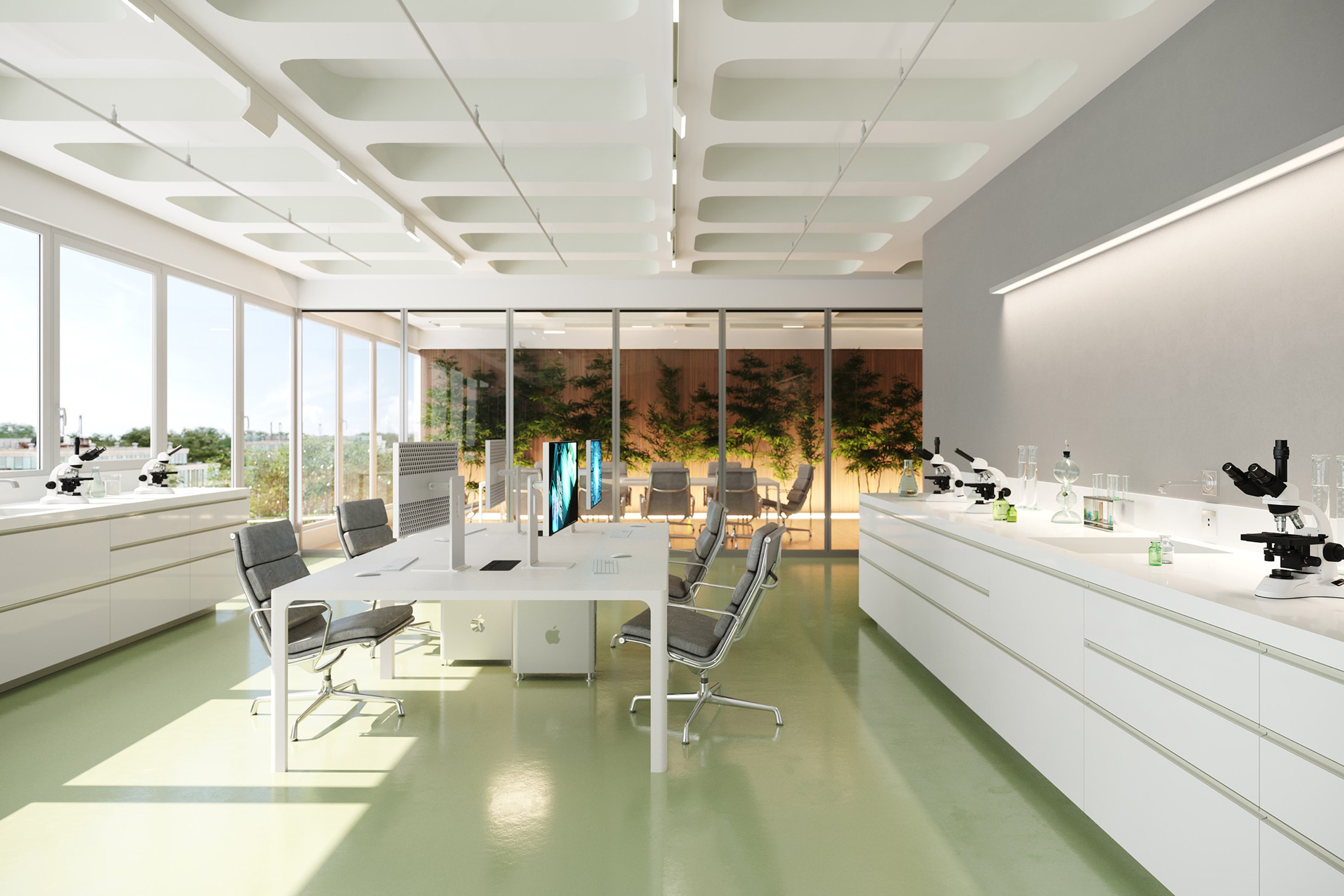 White laboratory bench with microscopes beside full-height glazing