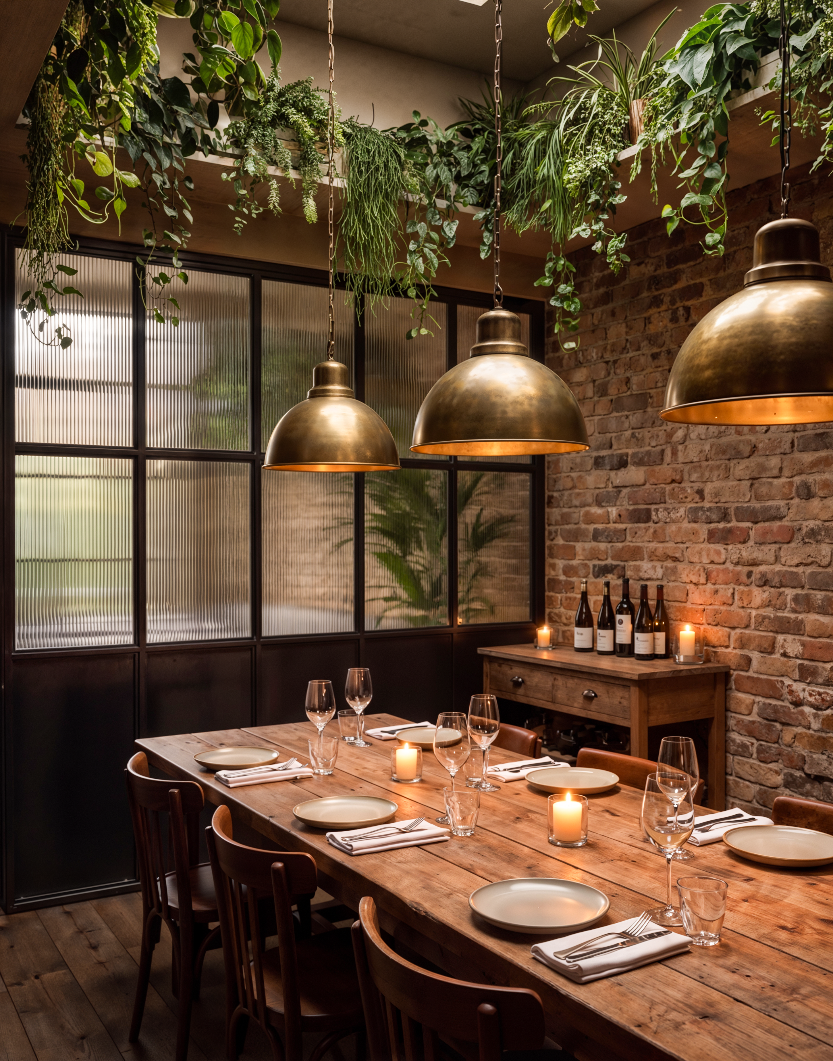 Intimate brick-walled private dining room with a long communal oak table, brass industrial pendant lights, candlelight and trailing ceiling greenery.