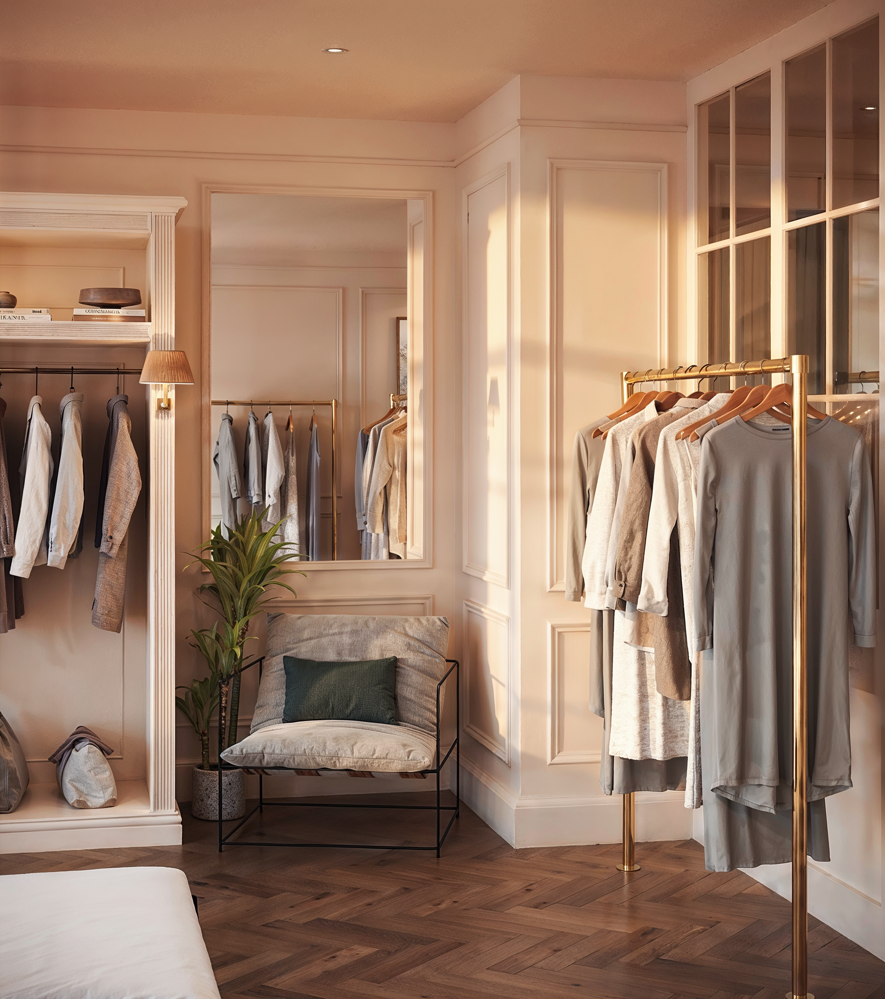 Fitting room area at a Varley store with a bench and hanging rails