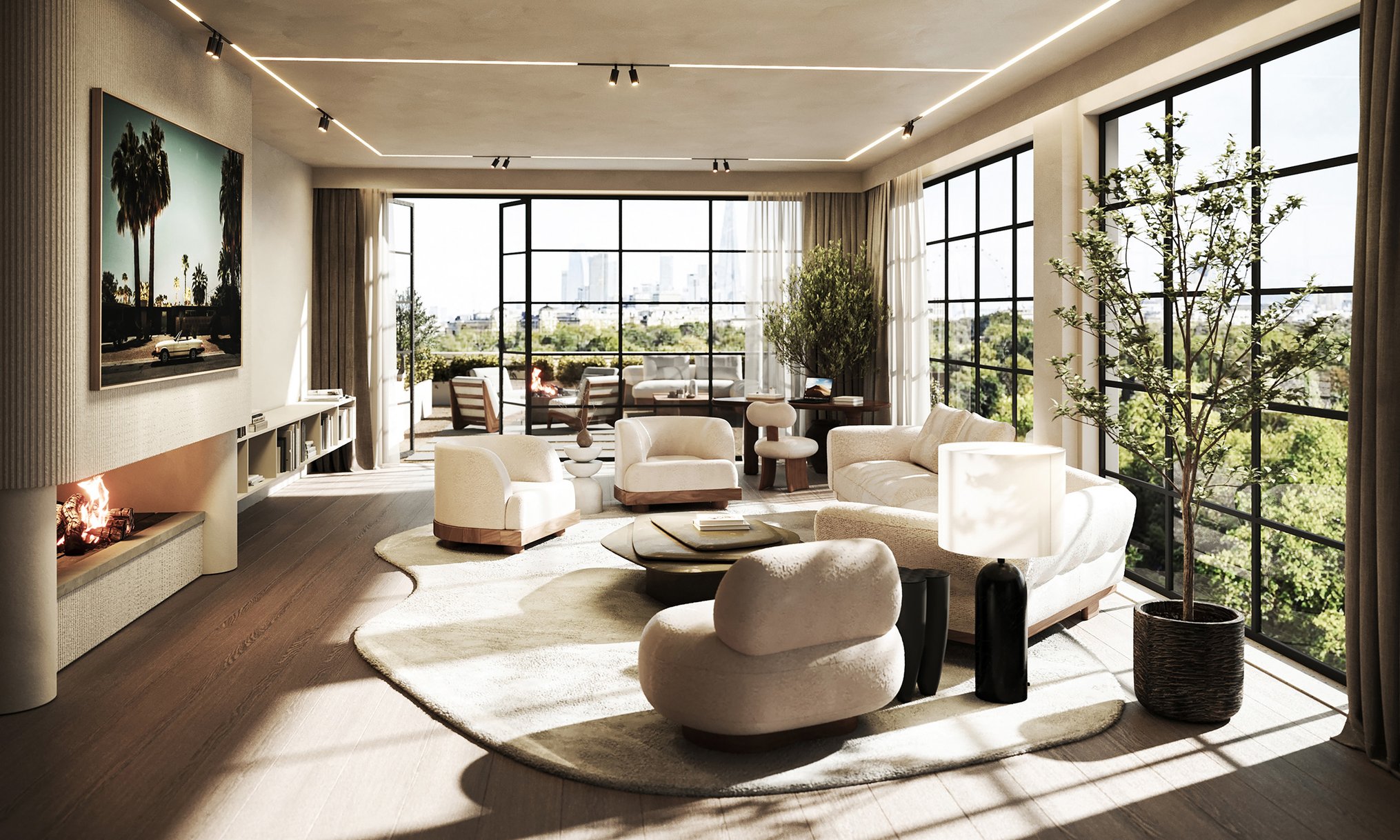 Living room at York House with a fireplace and full-height windows. London, U.K., Design by Woulfe