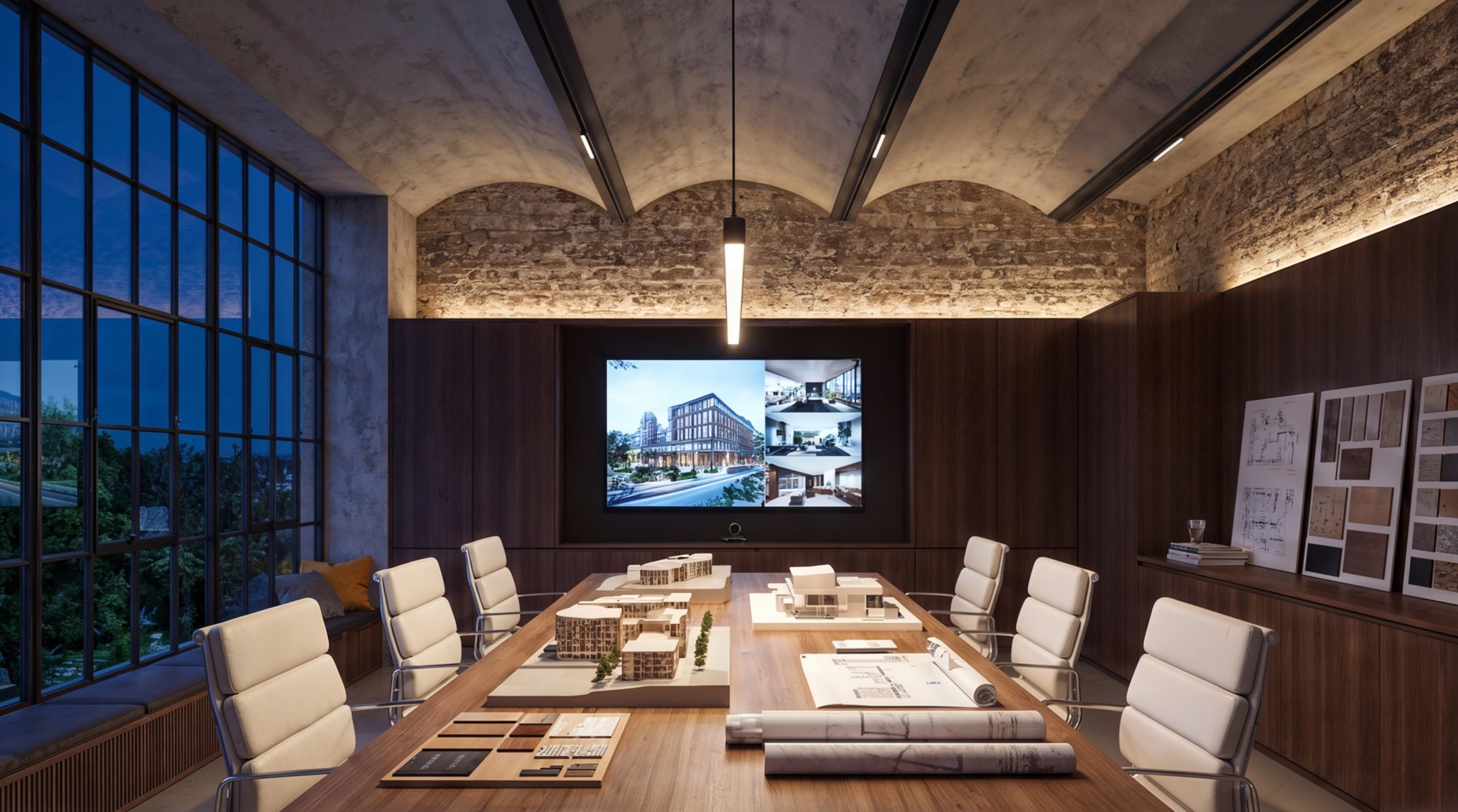 Evening view of a sophisticated architectural meeting room with a long timber table and presentation screen.