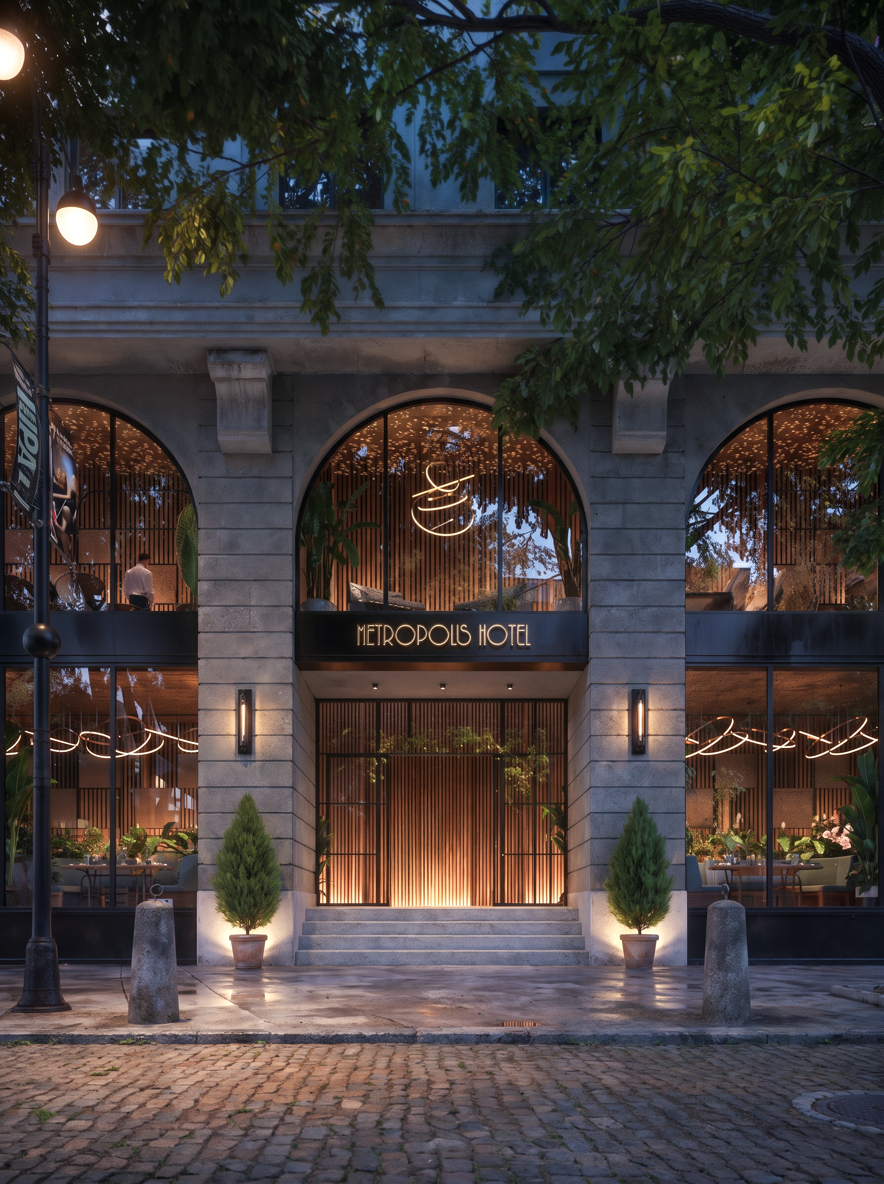 Arched stone entrance of Metropolis Hotel lit at dusk. London, U.K., Omerler Mimarlik, Atelier Aida