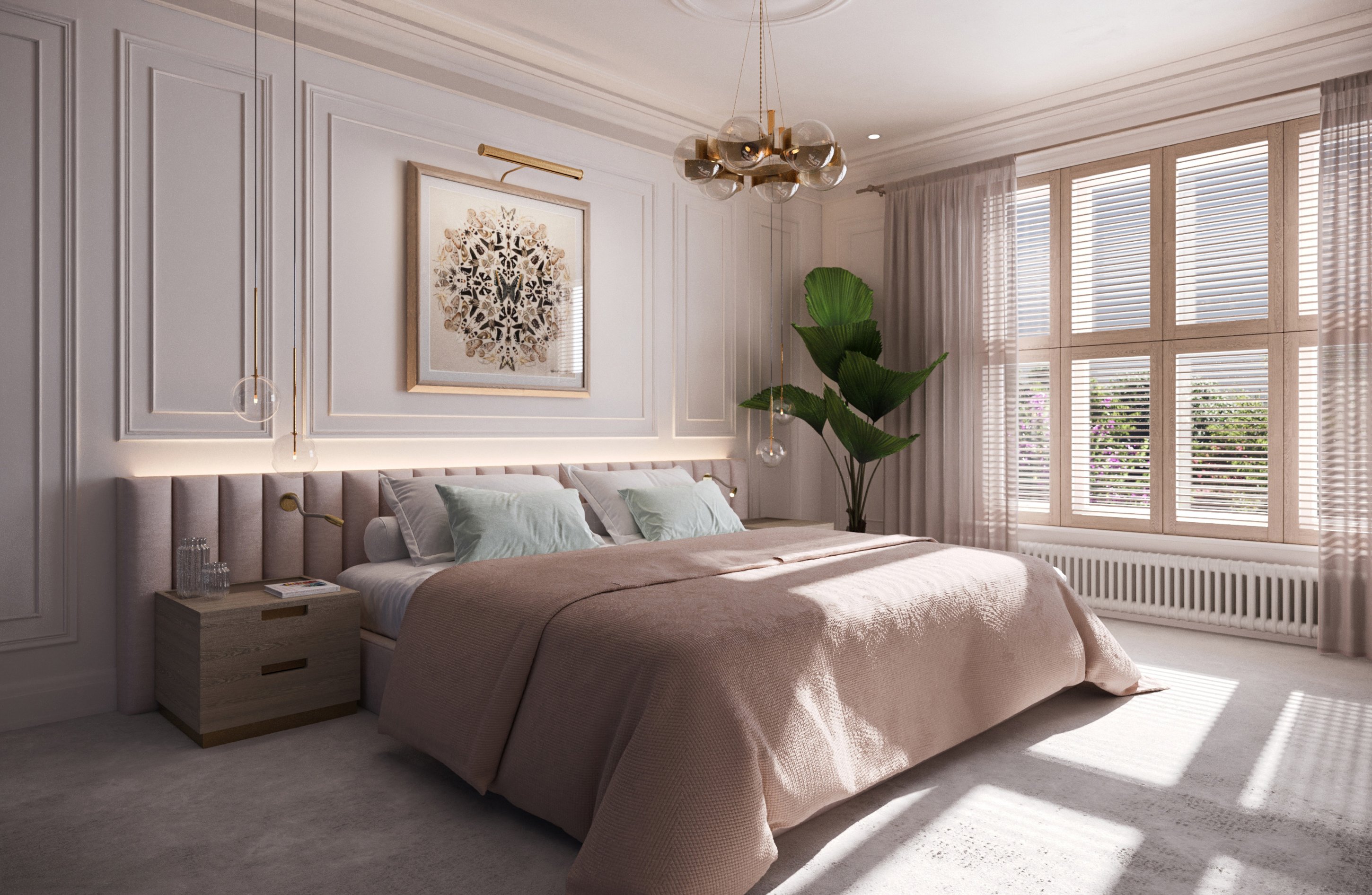 Bedroom at Versace House with panelled walls and shuttered windows