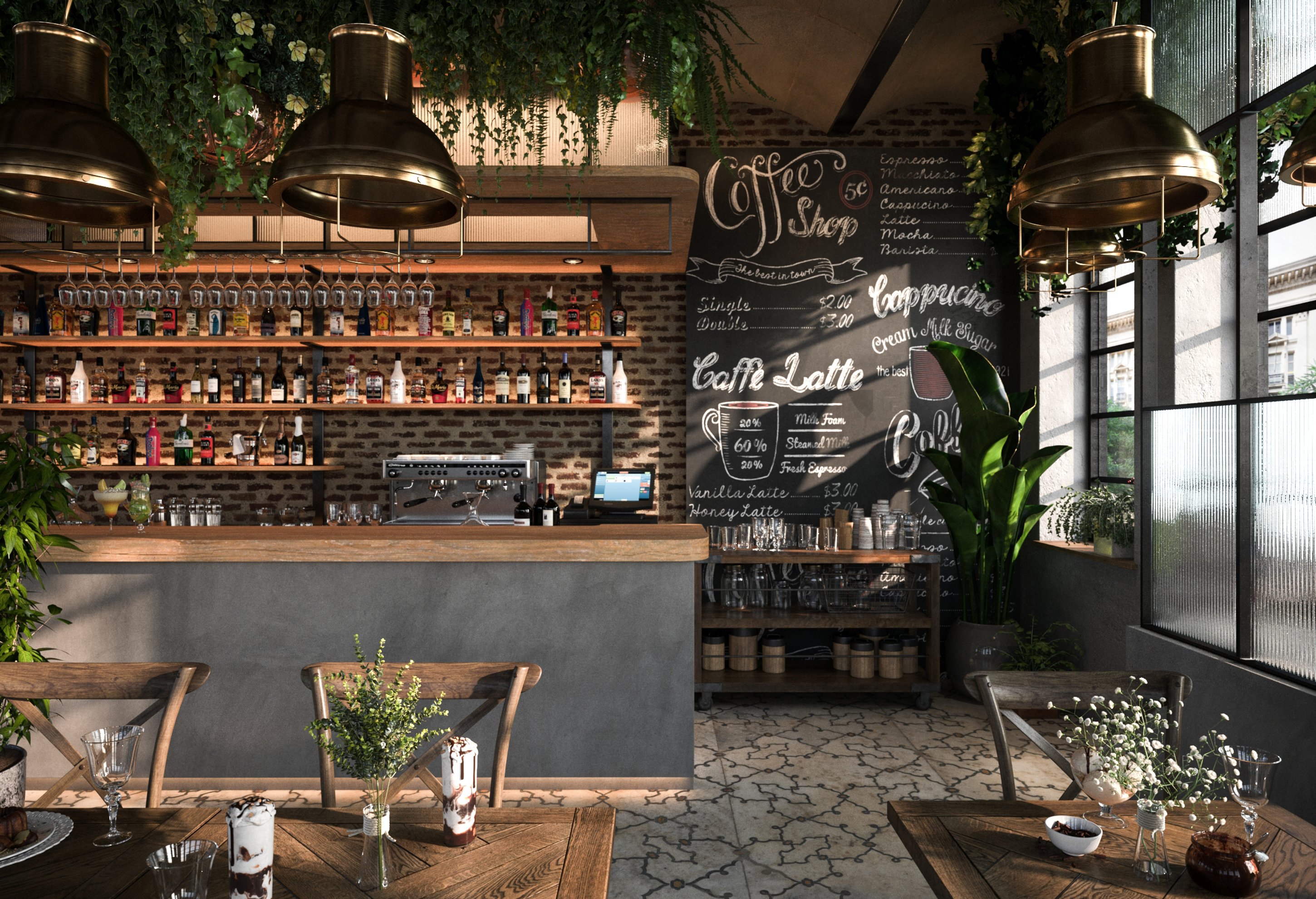 Warm industrial coffee shop and bar with an exposed brick back bar of bottles and glassware, a hand-lettered chalkboard menu, brass dome pendant lights, trailing greenery and marble tables by tall reeded-glass windows.