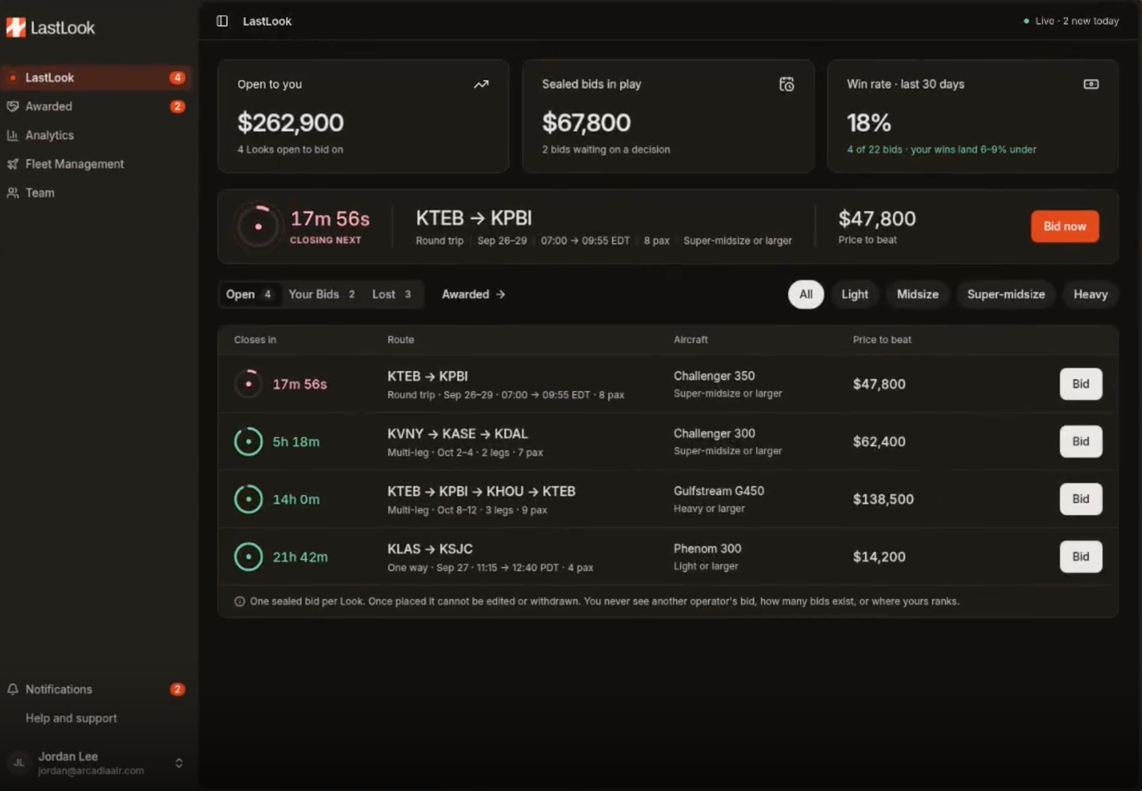 LastLook operator dashboard showing opportunity tabs, aircraft-category filters, bidding countdowns, a closing-next panel and navigation to Awarded, Analytics, Fleet Management and Team.