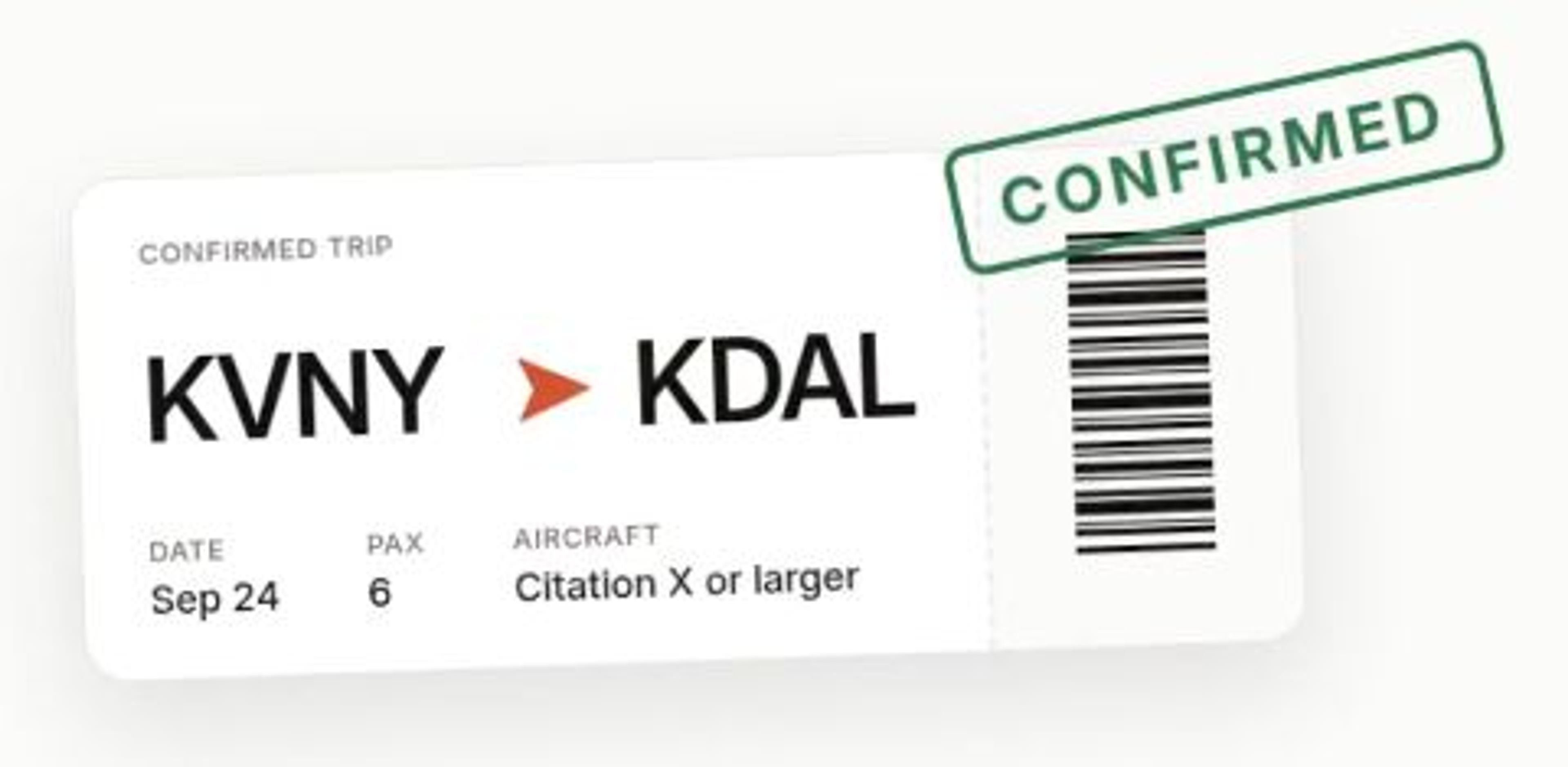 LastLook confirmed-trip card for KVNY to KDAL, showing six passengers and a Citation X or larger requirement.