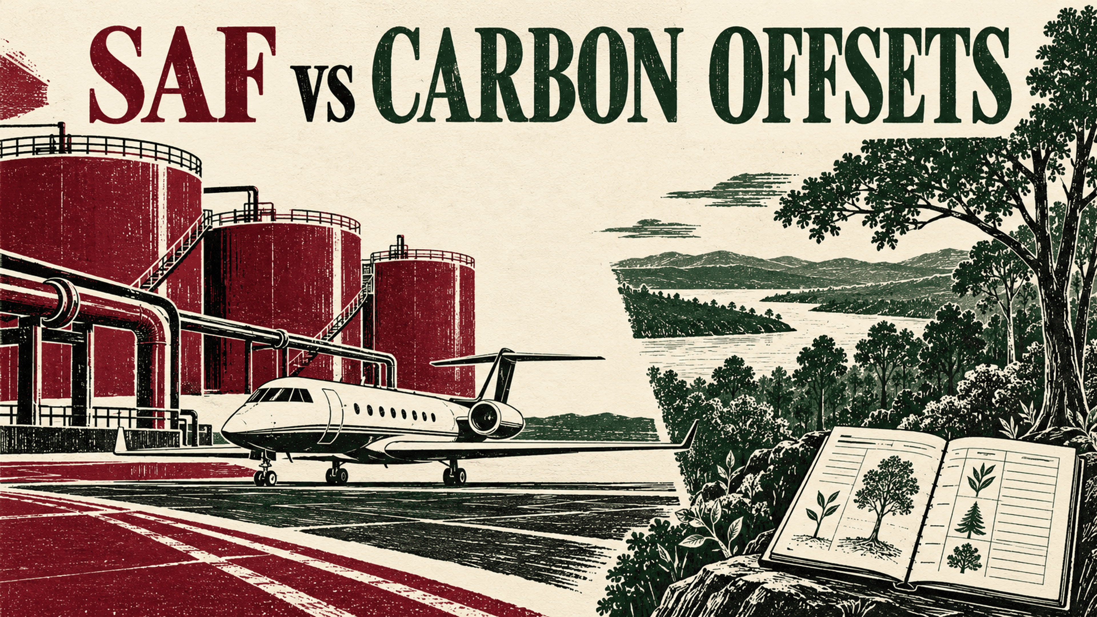 Linocut illustration of a business jet and fuel tanks beside a forest landscape and environmental ledger.