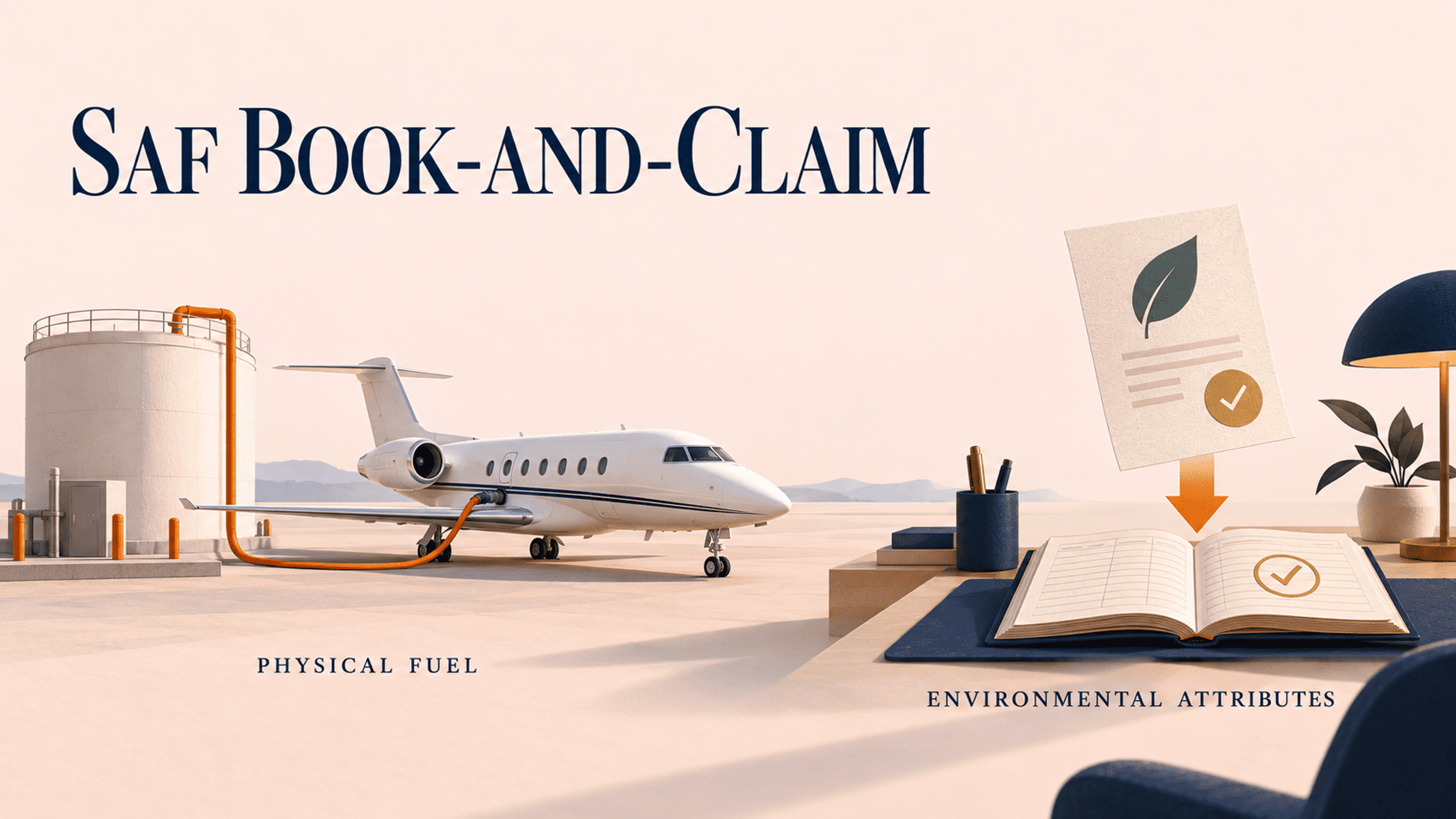 Conceptual illustration separating fuel supplied to a private jet from environmental attributes recorded in a ledger.