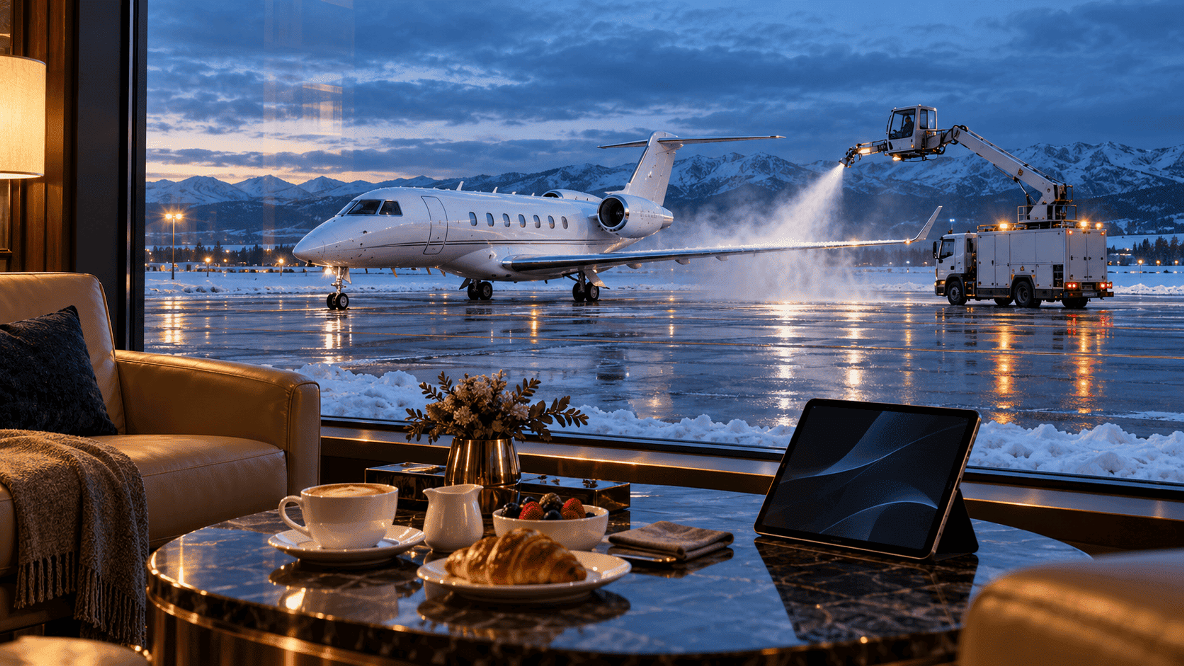 A business jet receives deicing outside an FBO lounge, with breakfast and a tablet on a table inside.