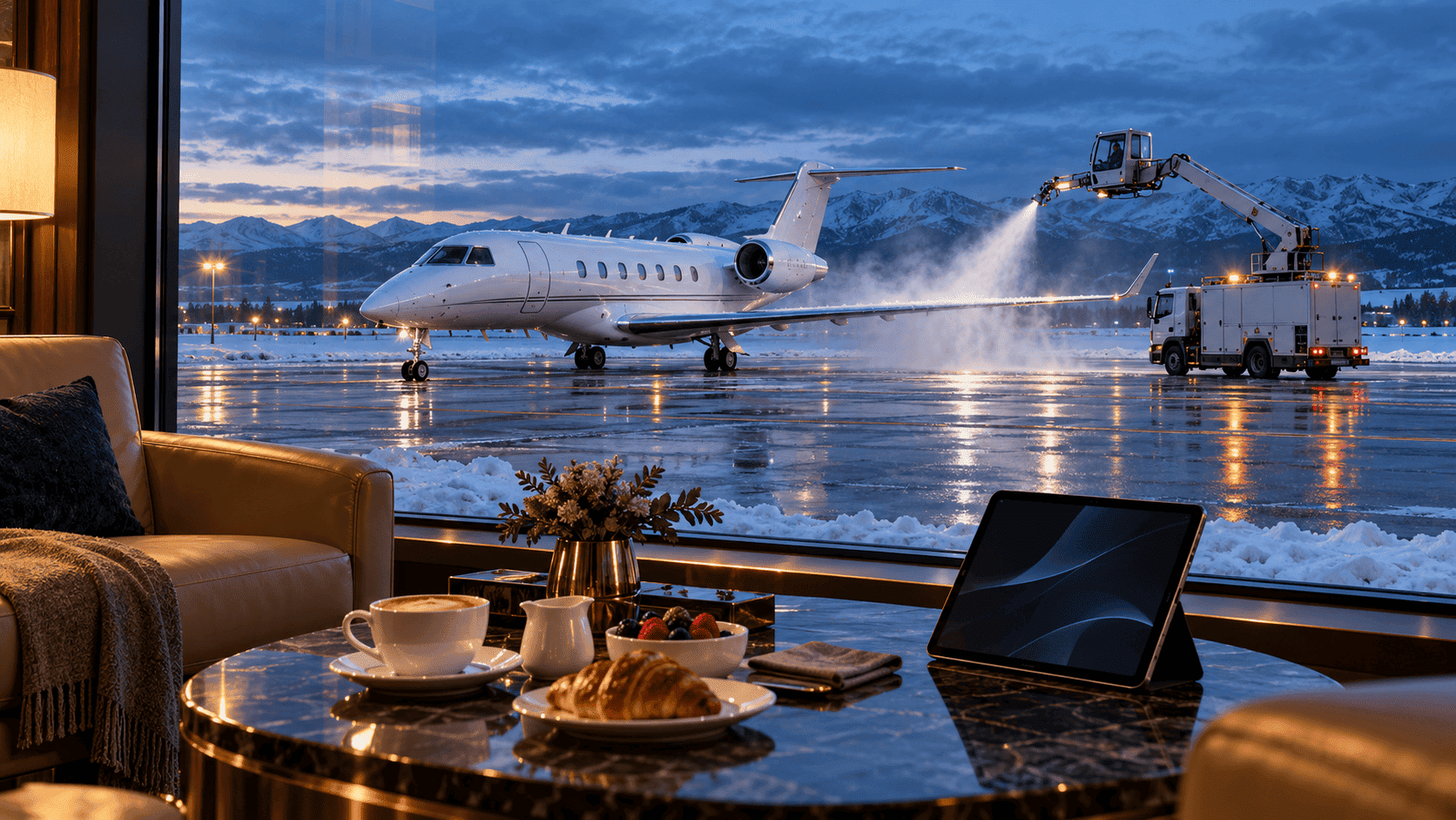 A business jet receives deicing outside an FBO lounge, with breakfast and a tablet on a table inside.