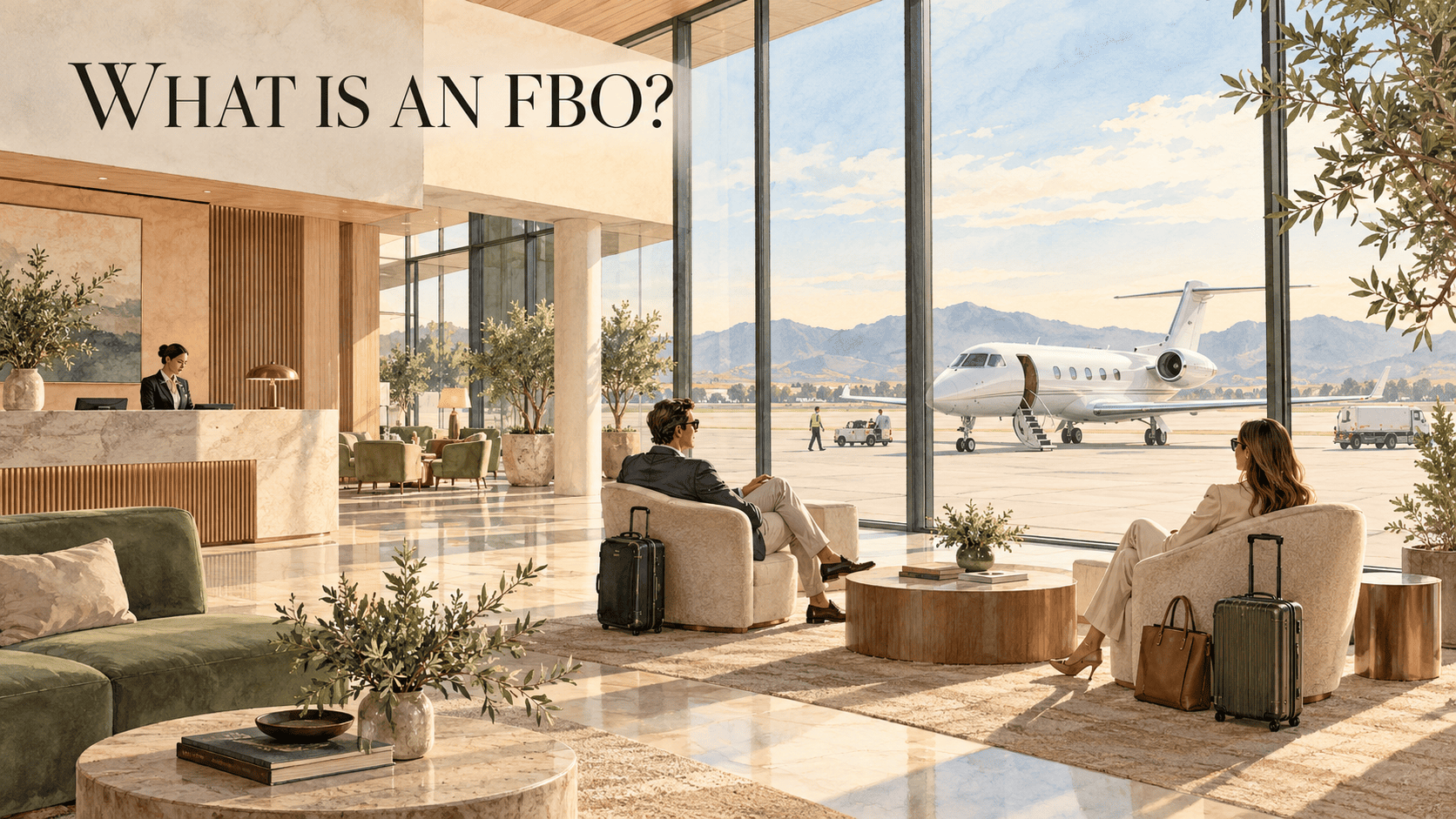 Travellers wait in a sunlit FBO lounge overlooking a private jet and ramp services, beneath the title What Is an FBO?