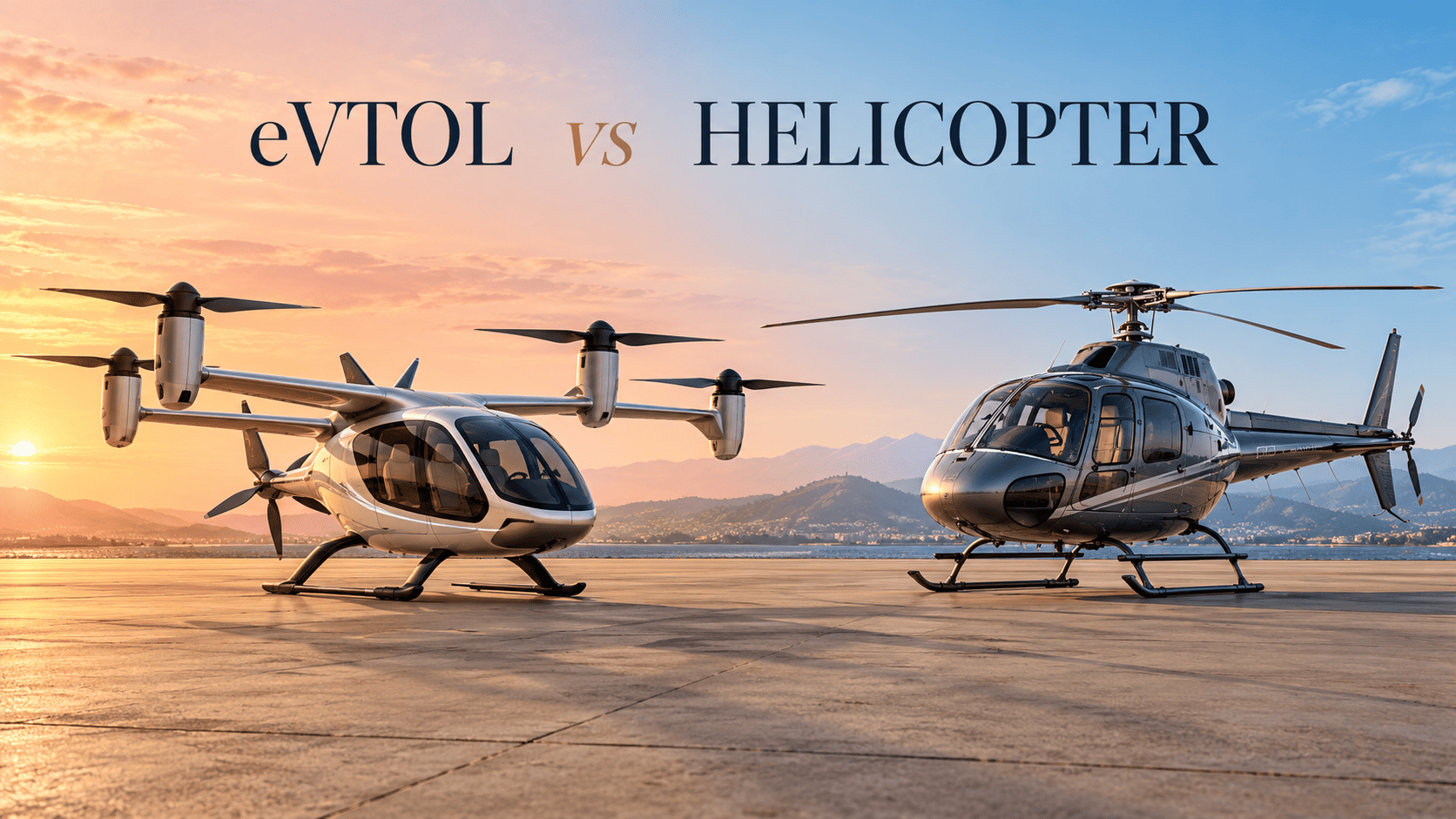 A concept electric vertical-lift aircraft beside a conventional helicopter on a sunlit apron.