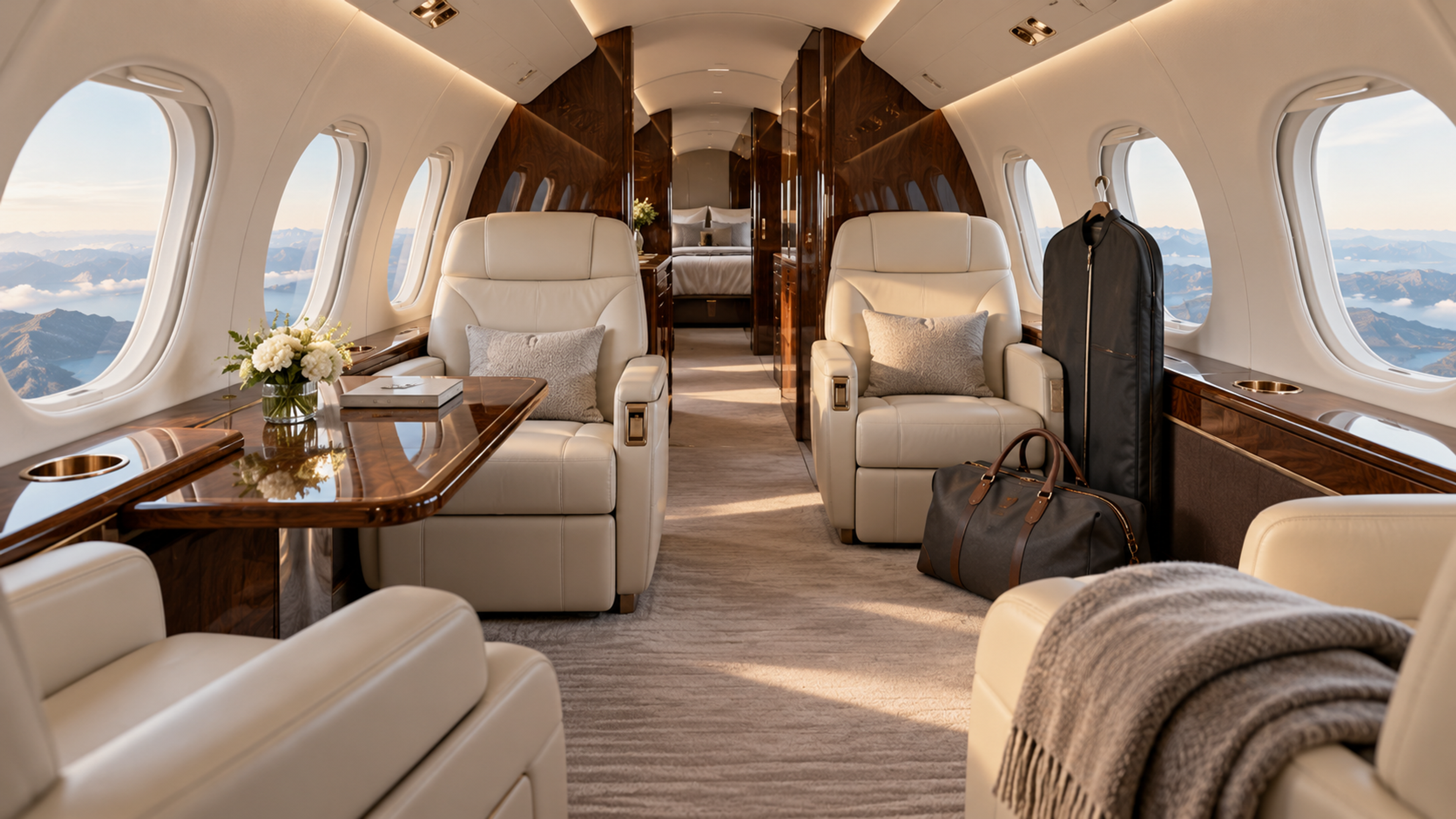 Large private jet cabin with club seats, a weekend bag and a garment bag