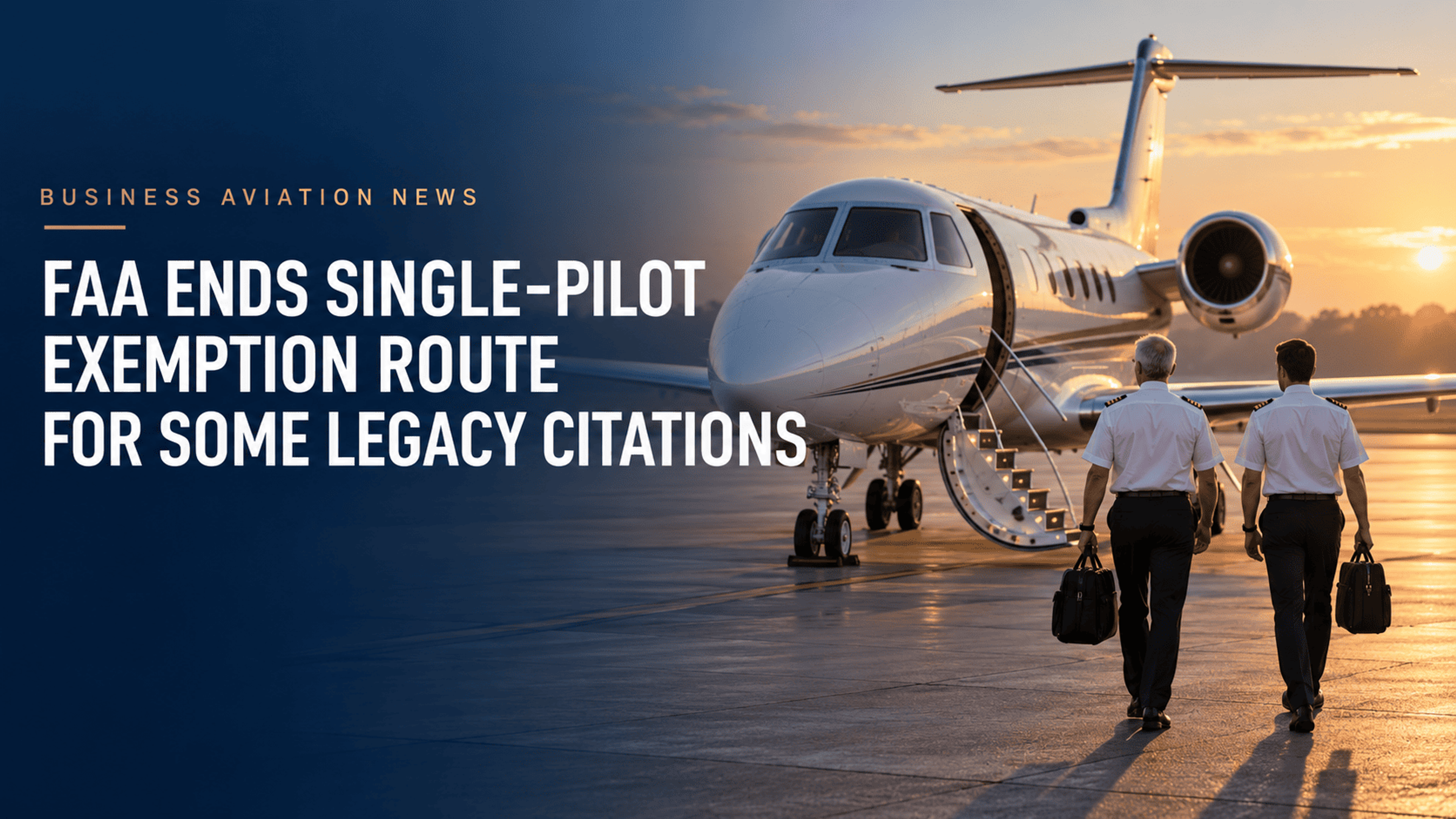 Two pilots walk toward an unmarked business jet at sunrise. Overlaid text reads, “FAA ends single-pilot exemption route for some legacy Citations.”