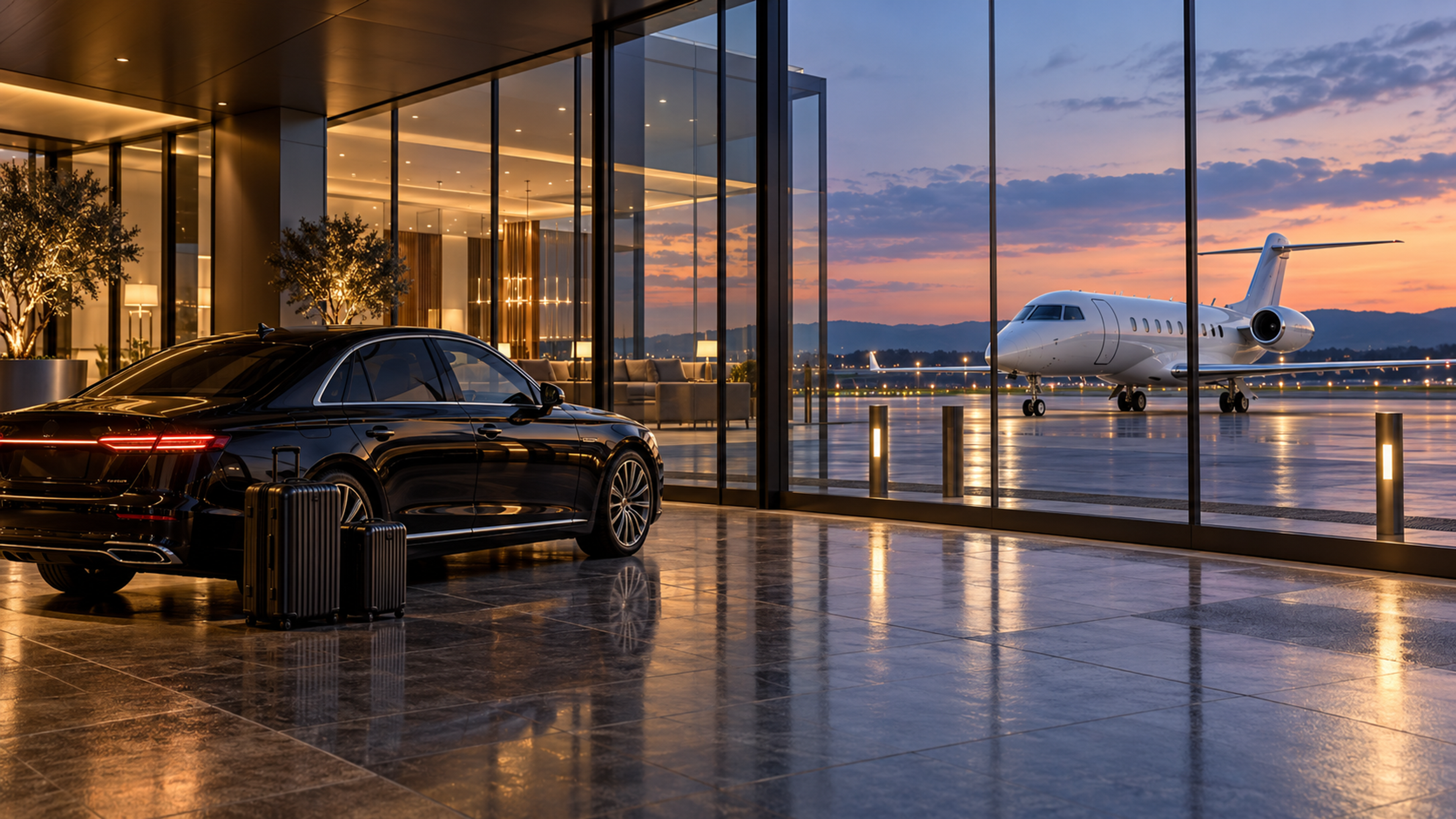 Business aviation terminal with a chauffeur car and a jet visible through glass