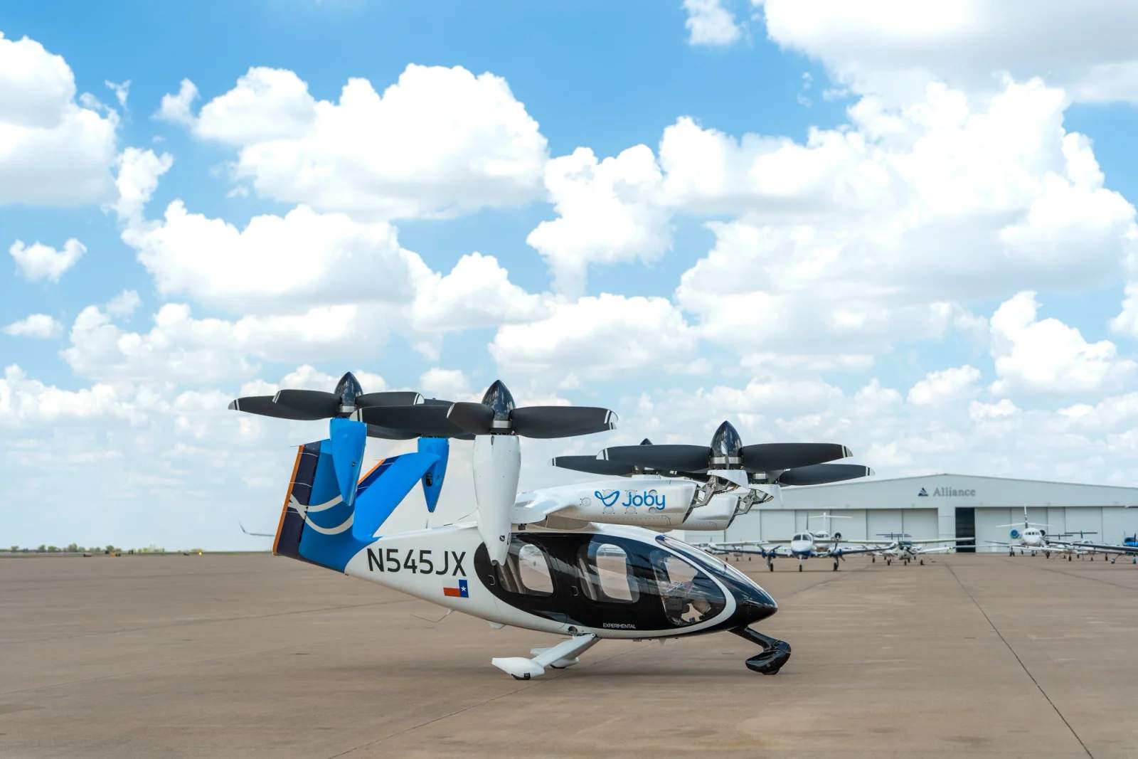 Joby electric air taxi preparing for takeoff at Perot Field Fort Worth Alliance Airport in Texas.