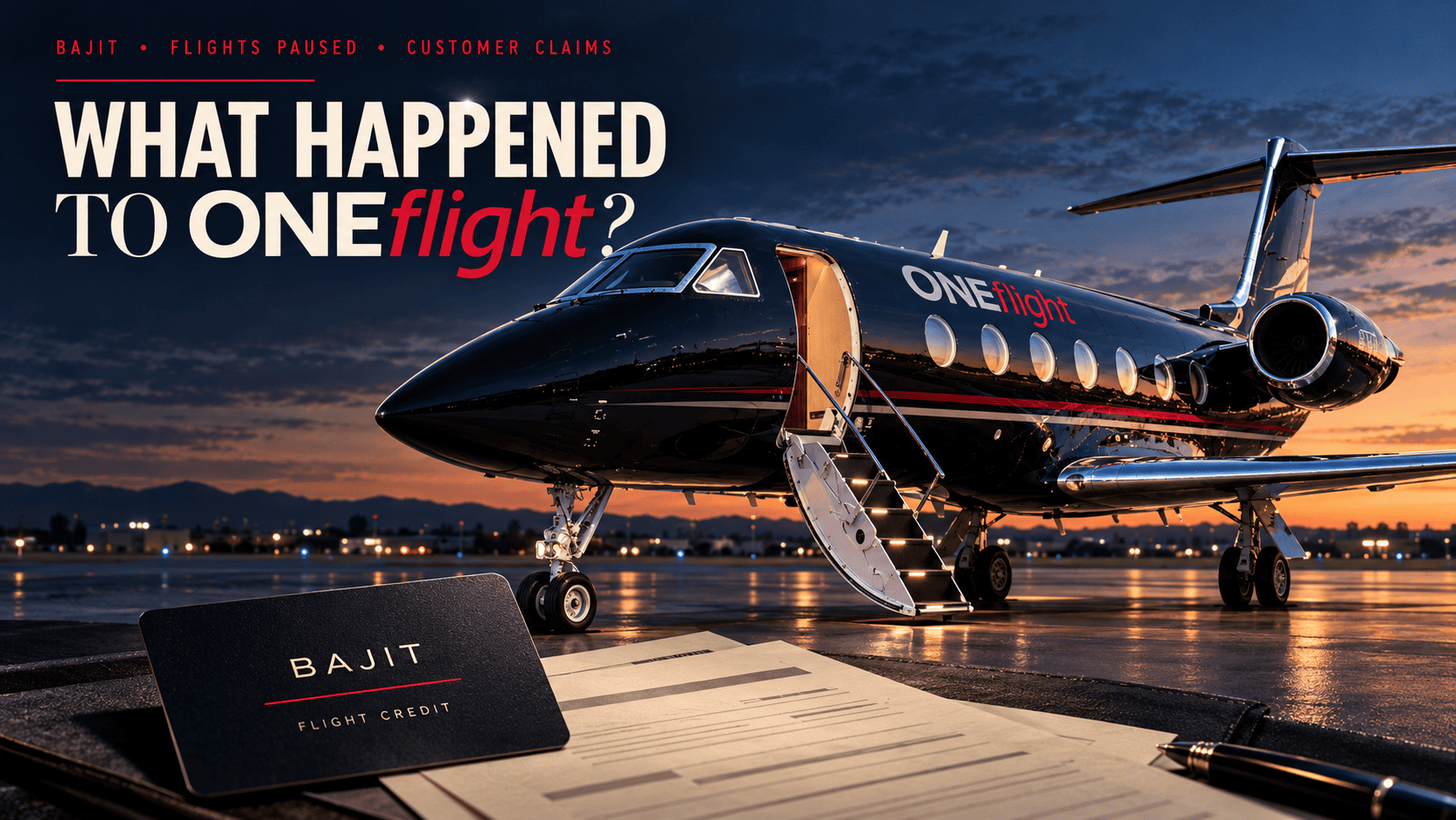 Editorial illustration of a black ONEflight jet, a BAJIT flight-credit card and contract papers beneath the headline What Happened to ONEflight?