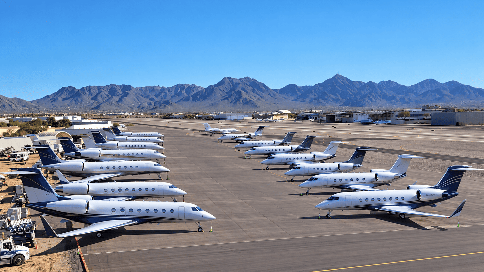 AI Aerial photo of Scottsdale Airport showing parked private jets