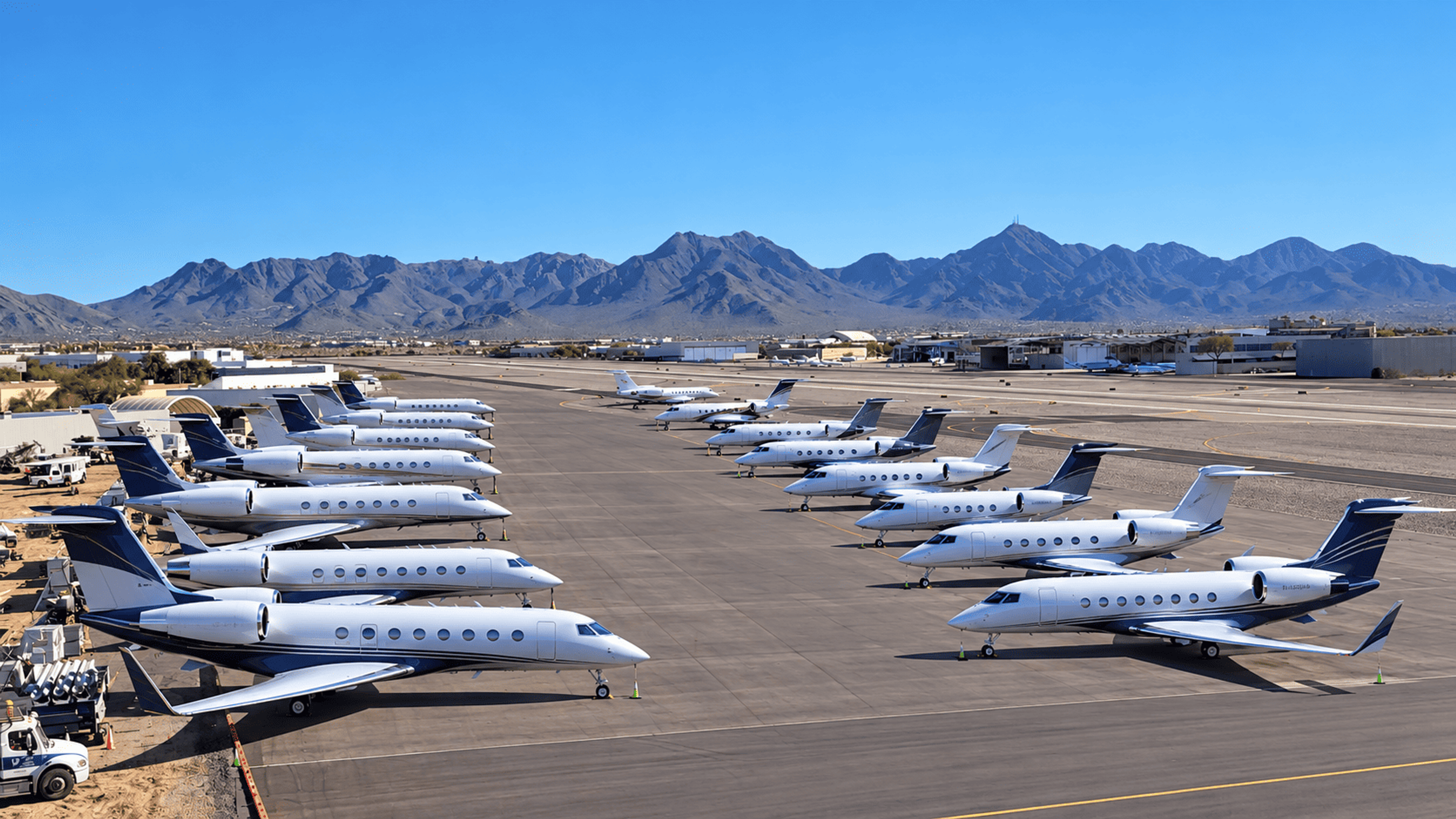 AI Aerial photo of Scottsdale Airport showing parked private jets