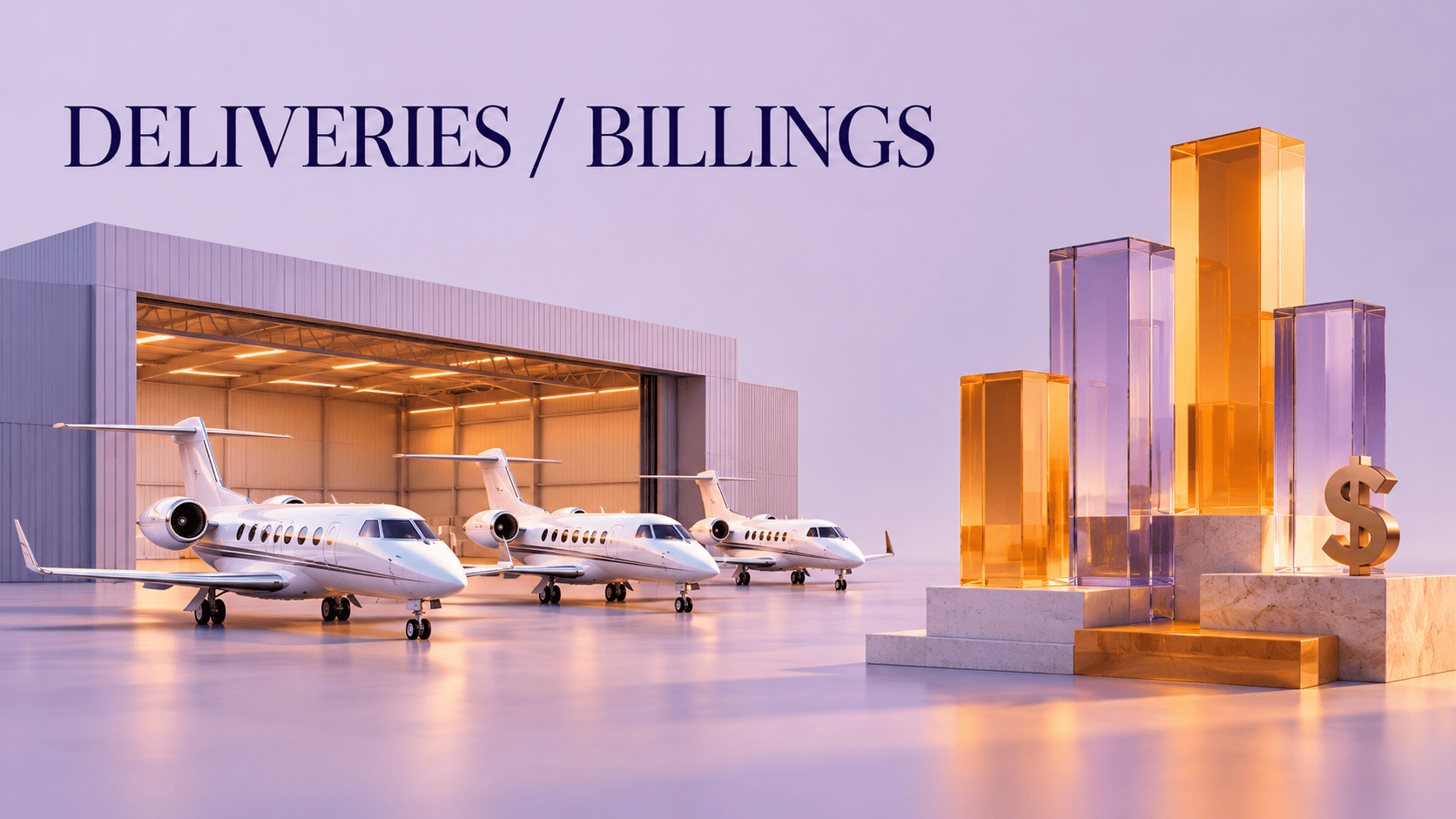 Miniature business jets outside a factory sit beside translucent blocks and a currency symbol, contrasting aircraft volume and value.