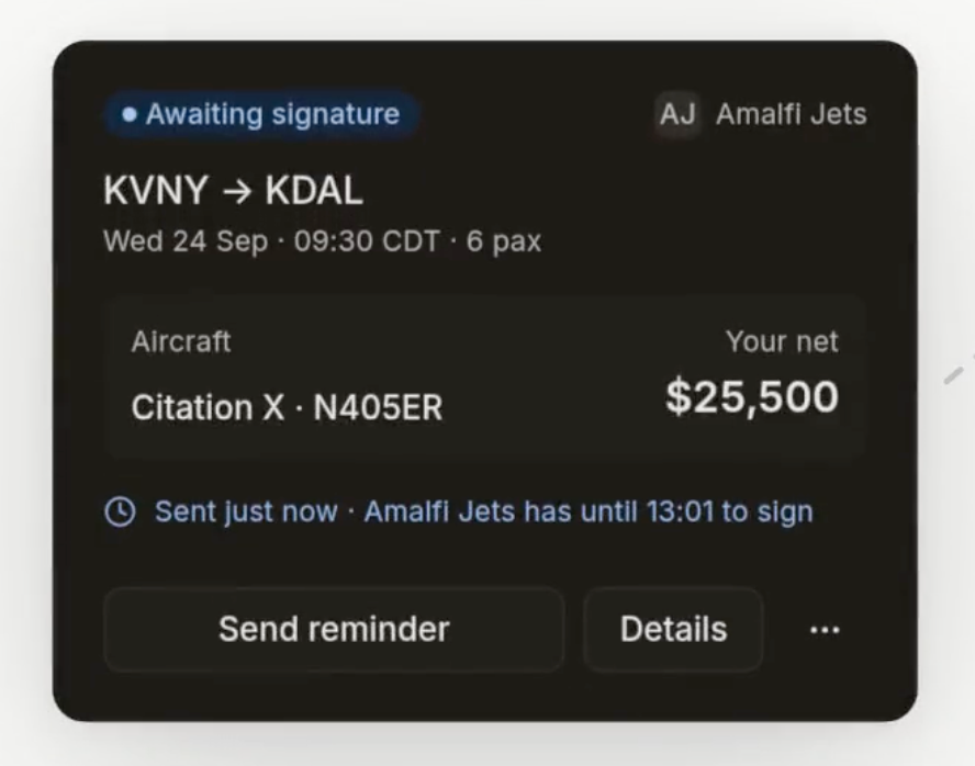 LastLook Awaiting signature card showing the contract sent to Amalfi Jets, a signing deadline and a Send reminder button.