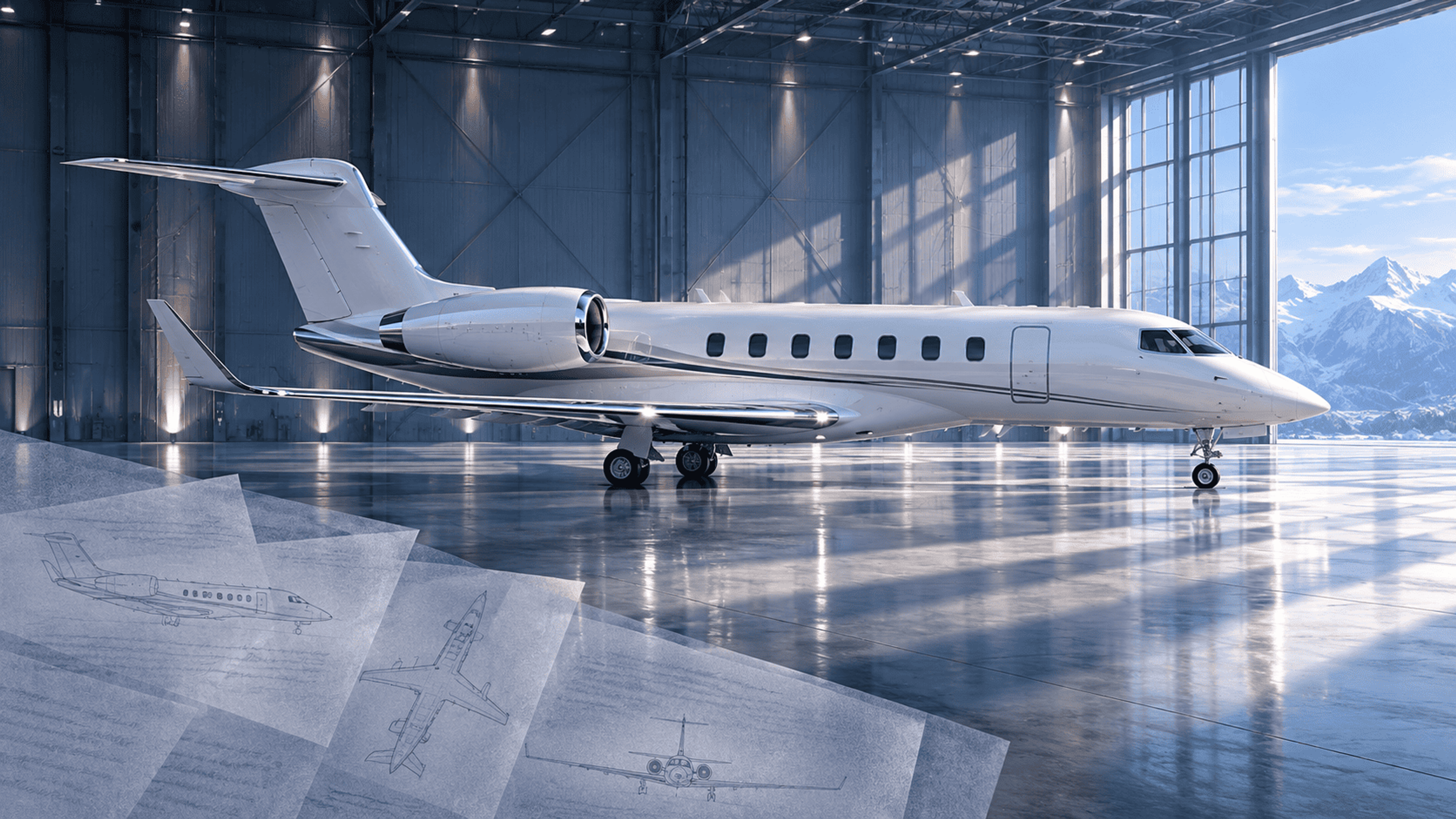 Editorial illustration of a white business jet in a blue hangar, layered with aircraft appraisal documents.