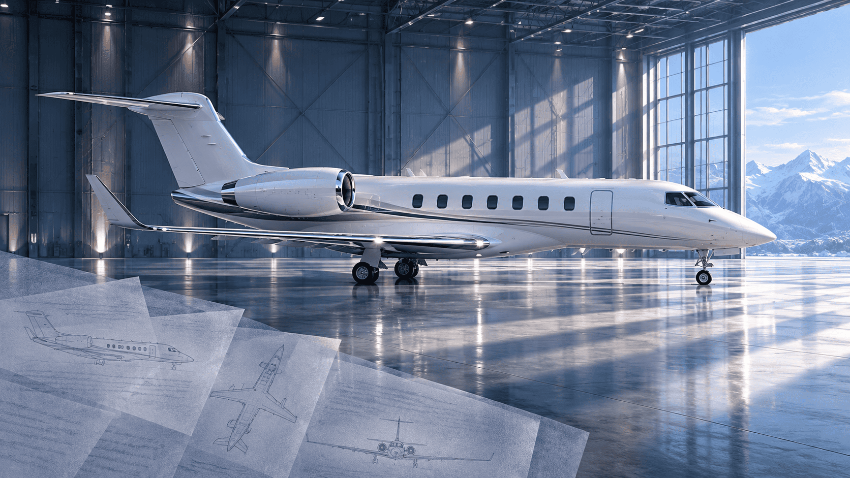 Editorial illustration of a white business jet in a blue hangar, layered with aircraft appraisal documents.