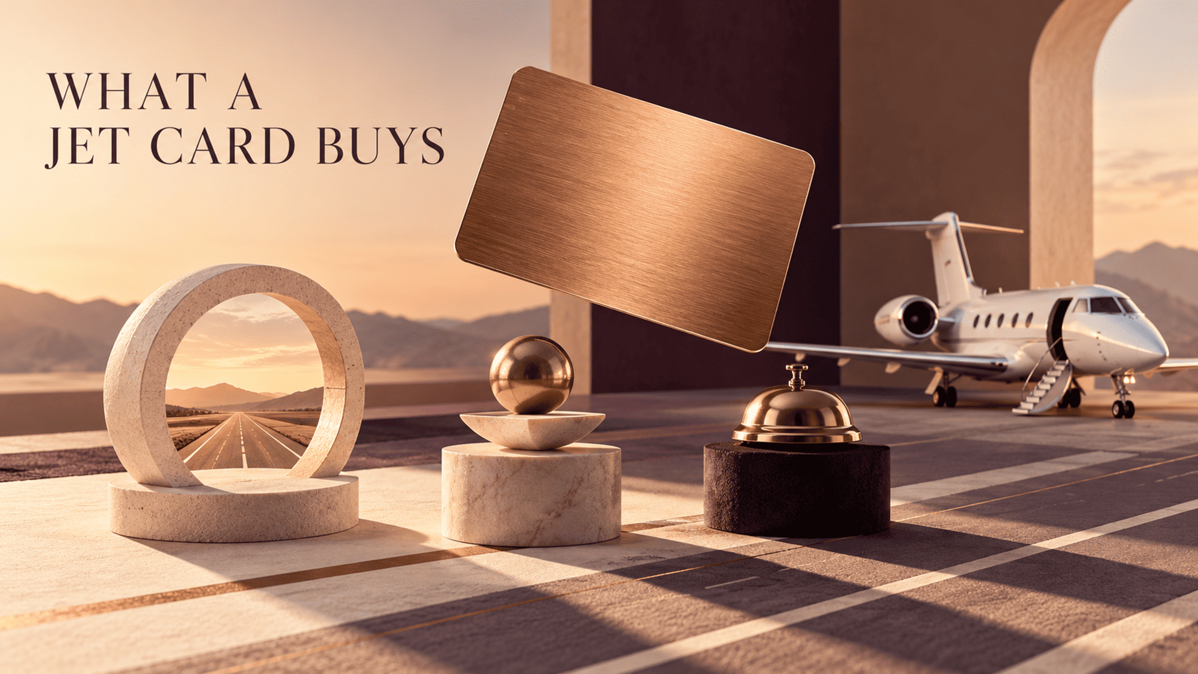 Copper jet card above a runway, beside a private jet and sculptural symbols of access, pricing and service.