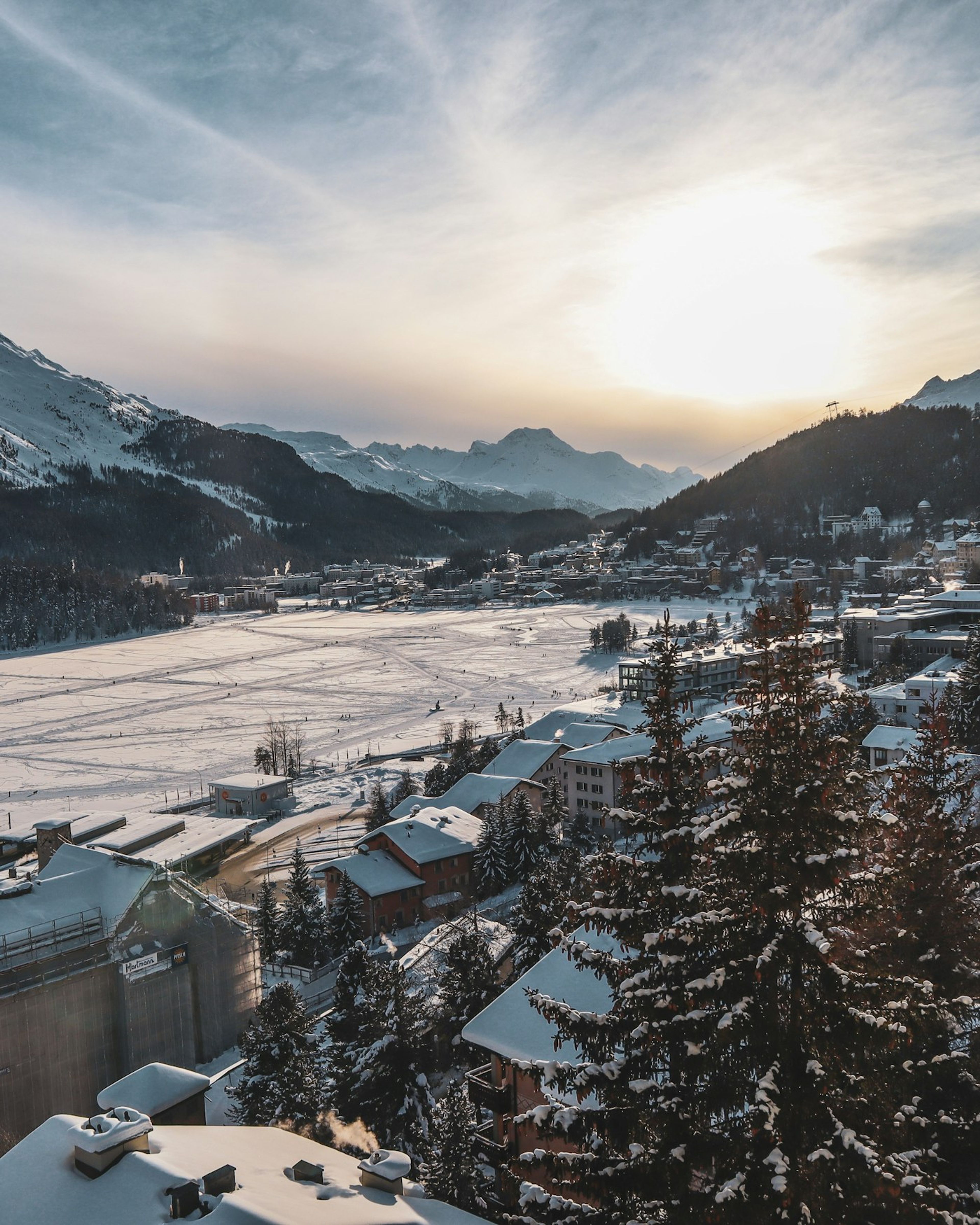 Snow-covered alpine mountains with trees in the foreground