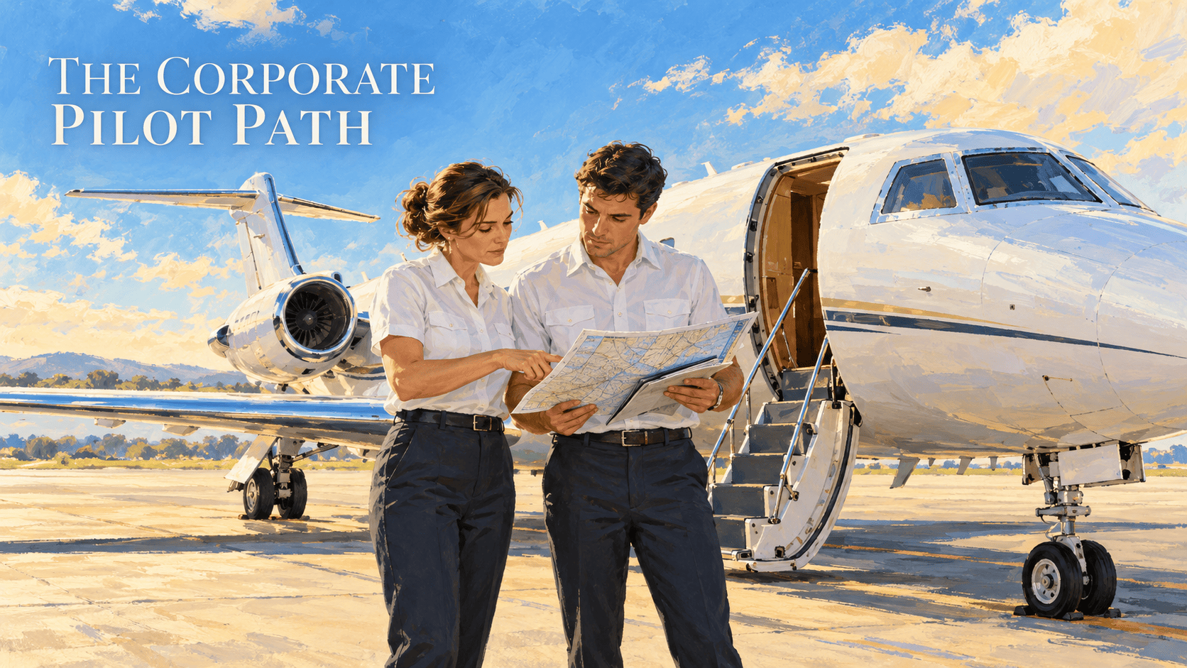 Painted illustration of two professional pilots reviewing a route beside the open steps of a business jet.
