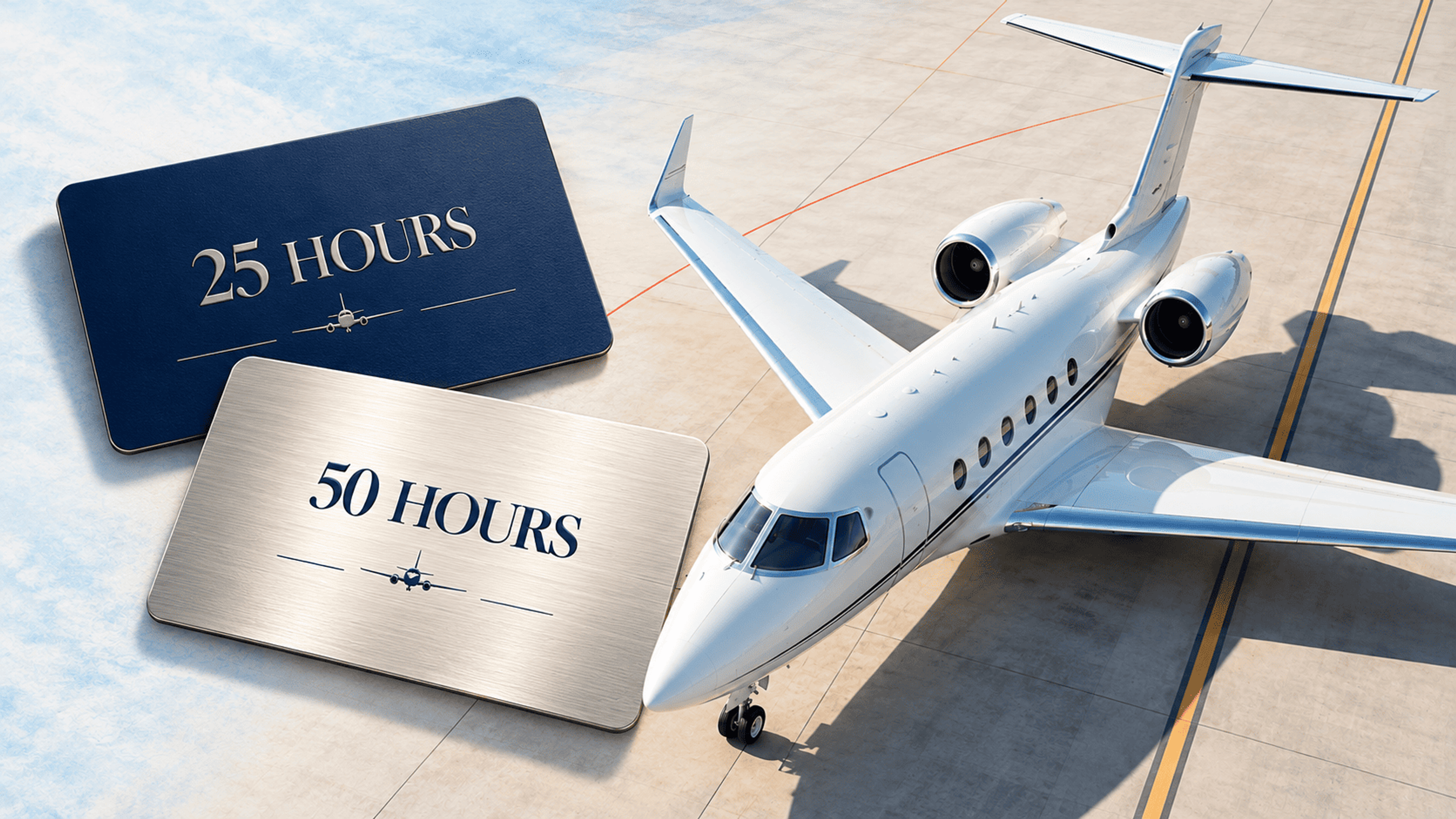 Navy and silver jet membership cards labeled 25 Hours and 50 Hours beside a white business jet on a sunlit apron.