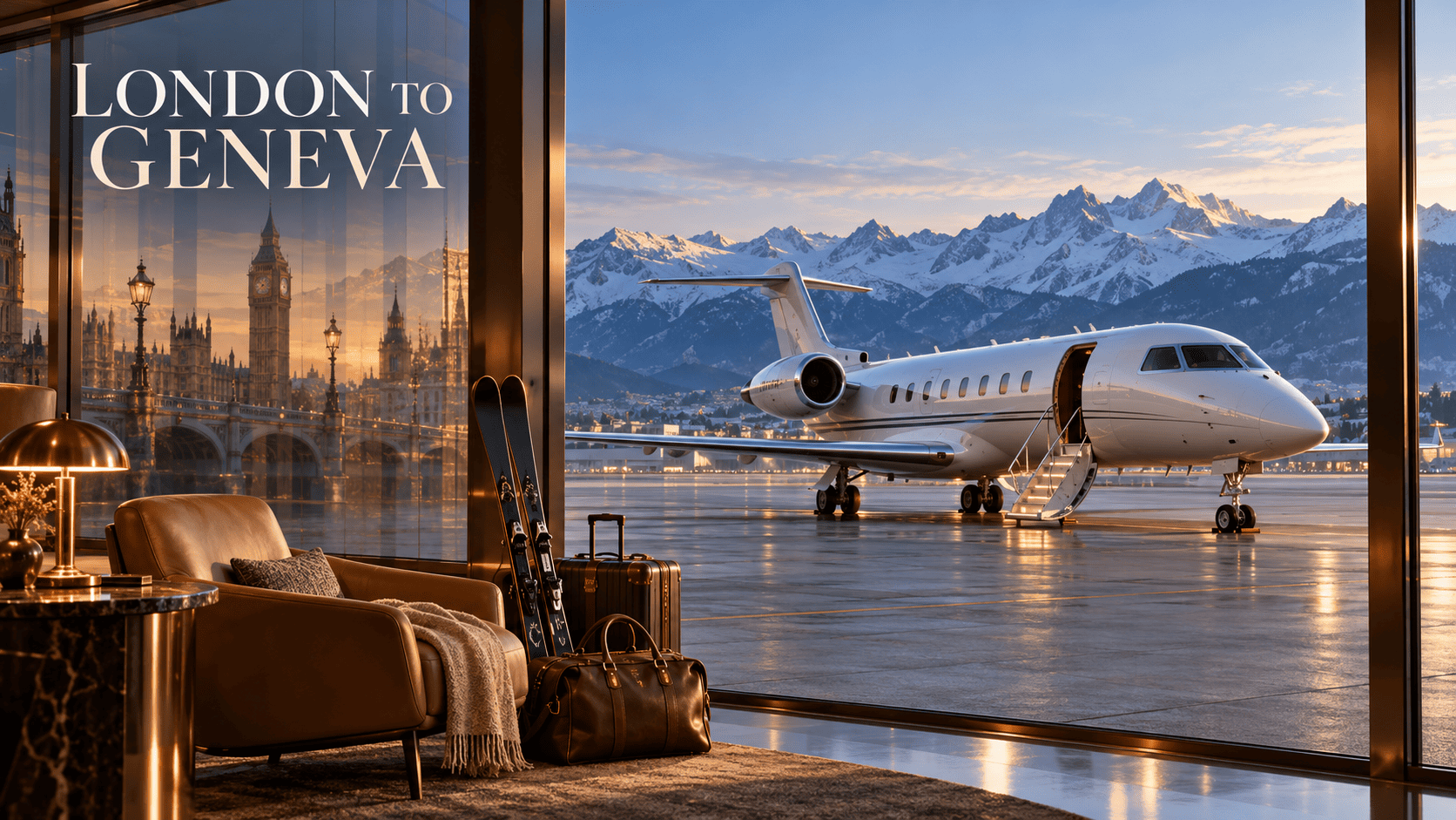 A private jet outside an Alpine terminal, with skis, luggage and a London reflection in the lounge windows.