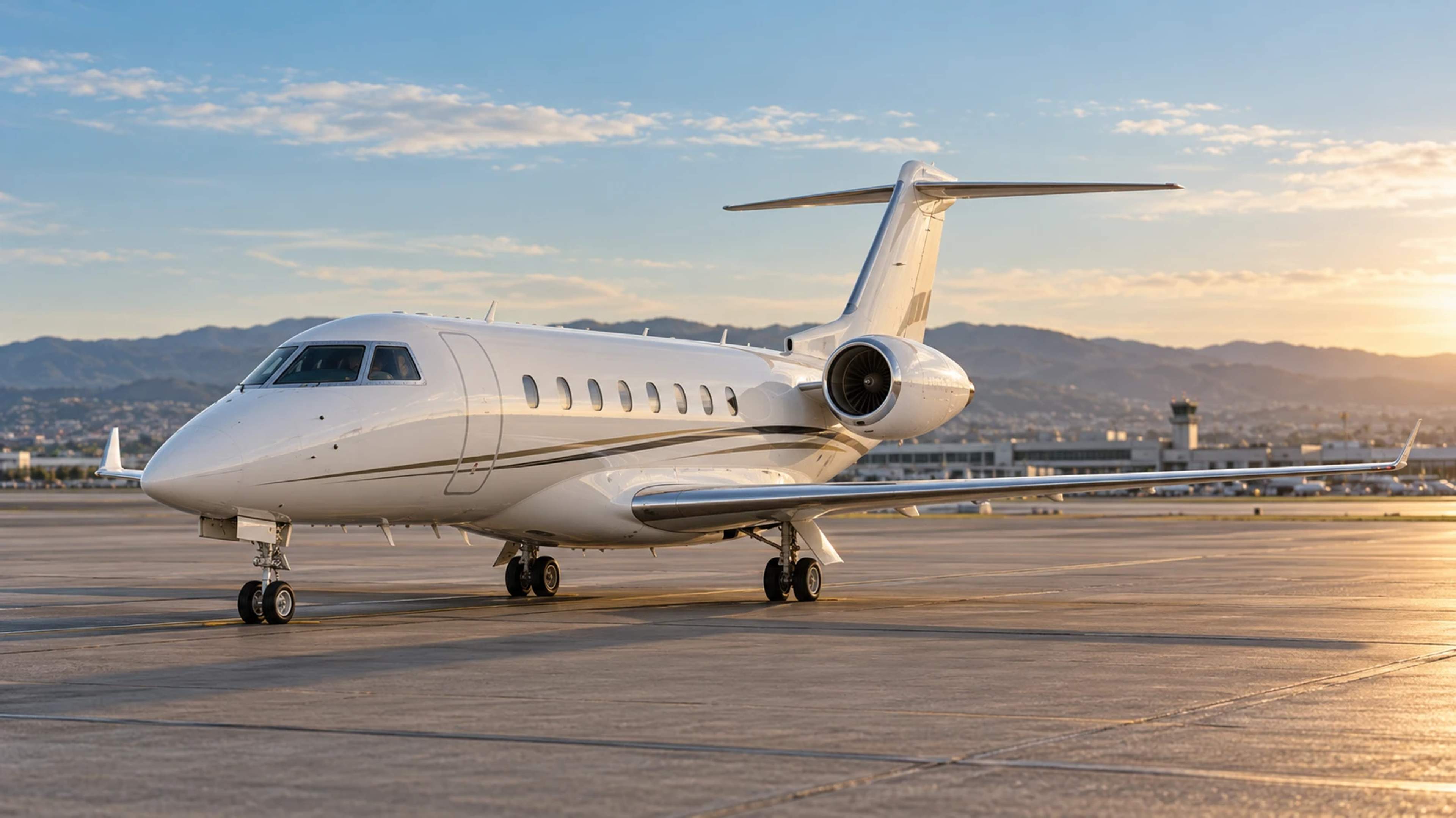 White business jet parked on an airport apron in warm evening light, with its cabin doors closed.