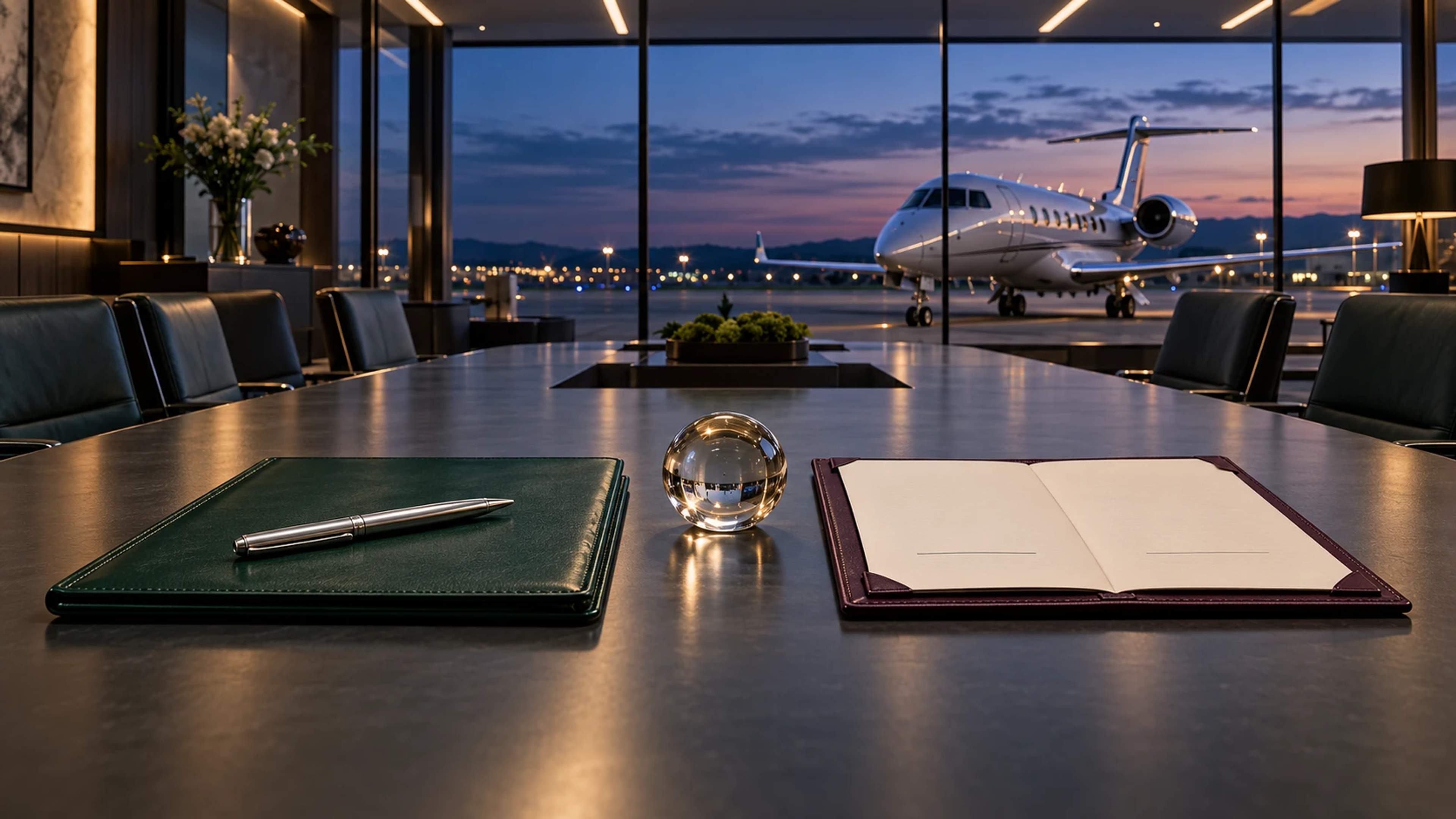 Two planning folders on a boardroom table at dusk, with a parked business jet beyond the windows.