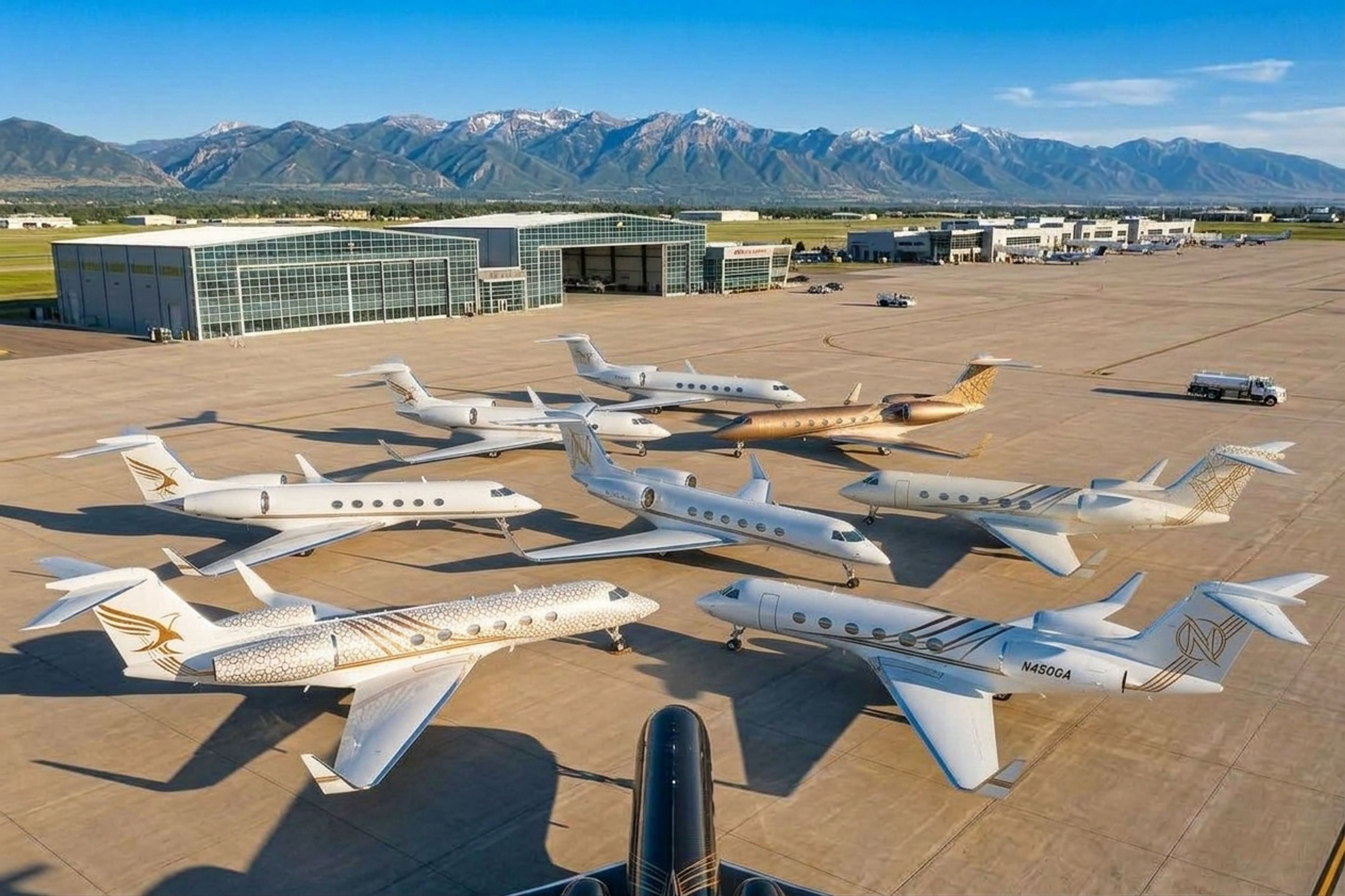 Private jets parked on an airport apron beside hangars, with a mountain range in the background.